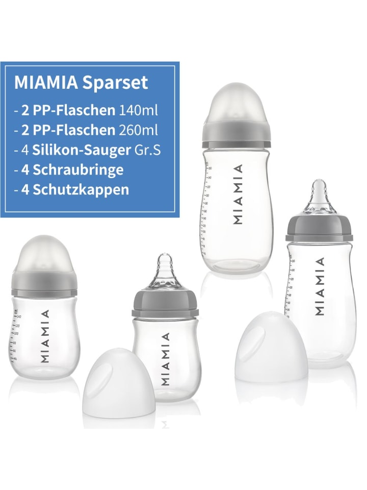 MiaMia PP-Flasche 4er Pack 140 ml & 260 ml   Silikon-Trinksauger in grau günstig kaufen onesize
