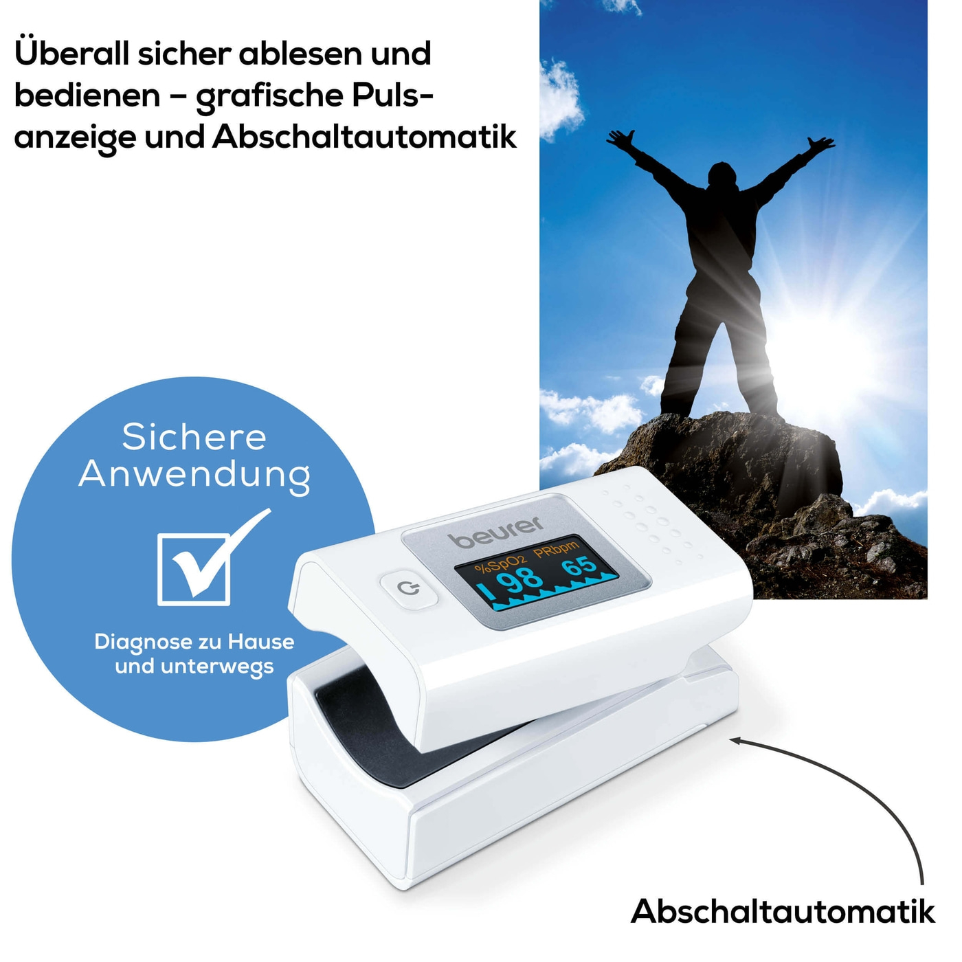 Beurer Pulsoximeter PO 35-Handliches Pulsoximeter zur Messung der Sauerstoffsättigung & Herzfrequenz
