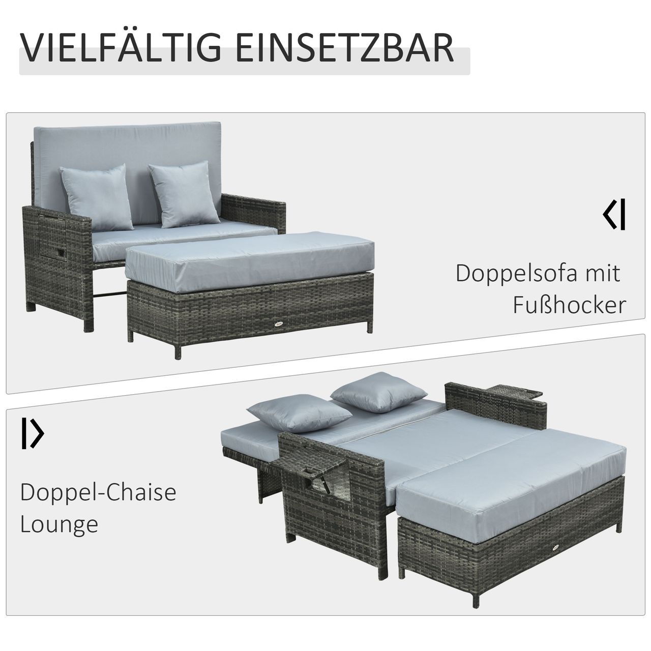 Outsunny Polyrattan Lounge-Sofa Gartensofa 2-Sitzer mit Kissen Grau