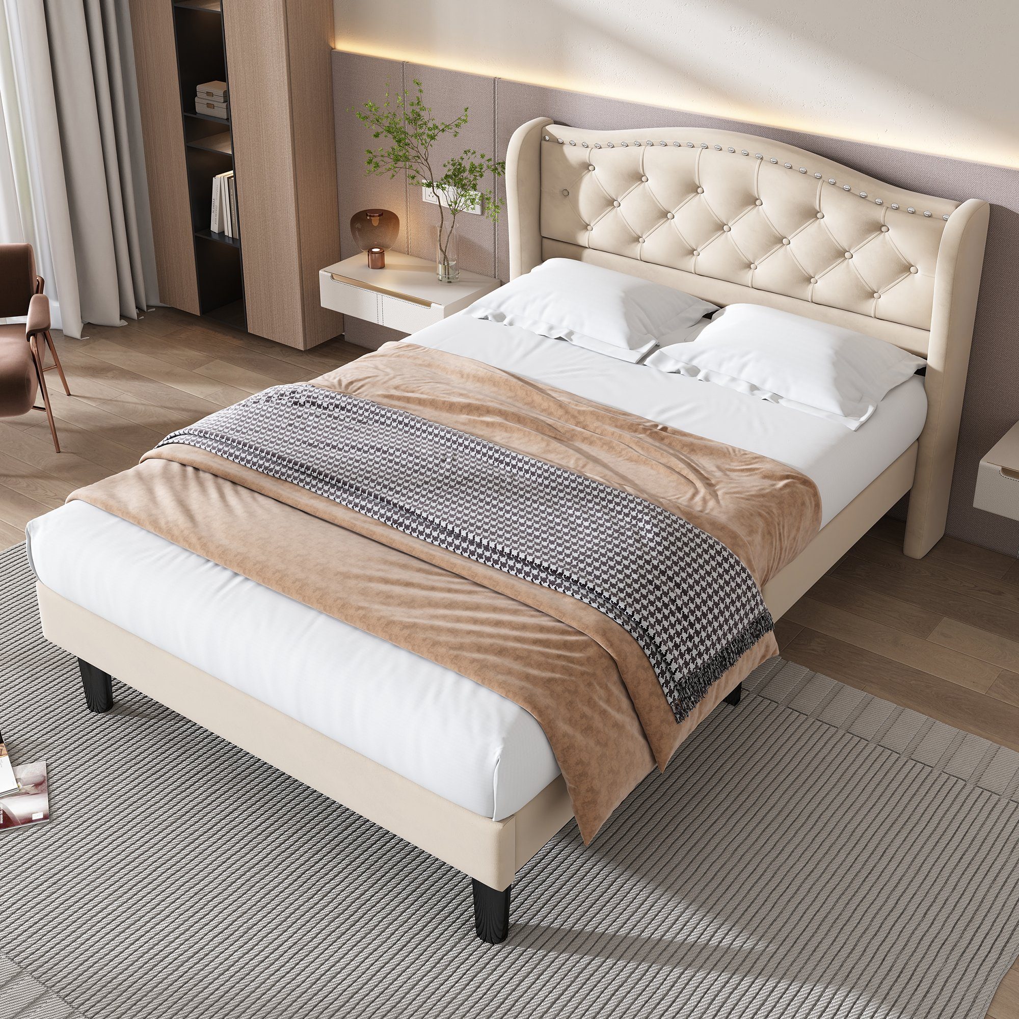 OKWISH Polsterbett Stilvolles Soft-Polsterbett mit samtigen Kopfteil (90x200 cm Ohne-Matratze), Knopf-Dekor und stabilen Holzplatten, Beige