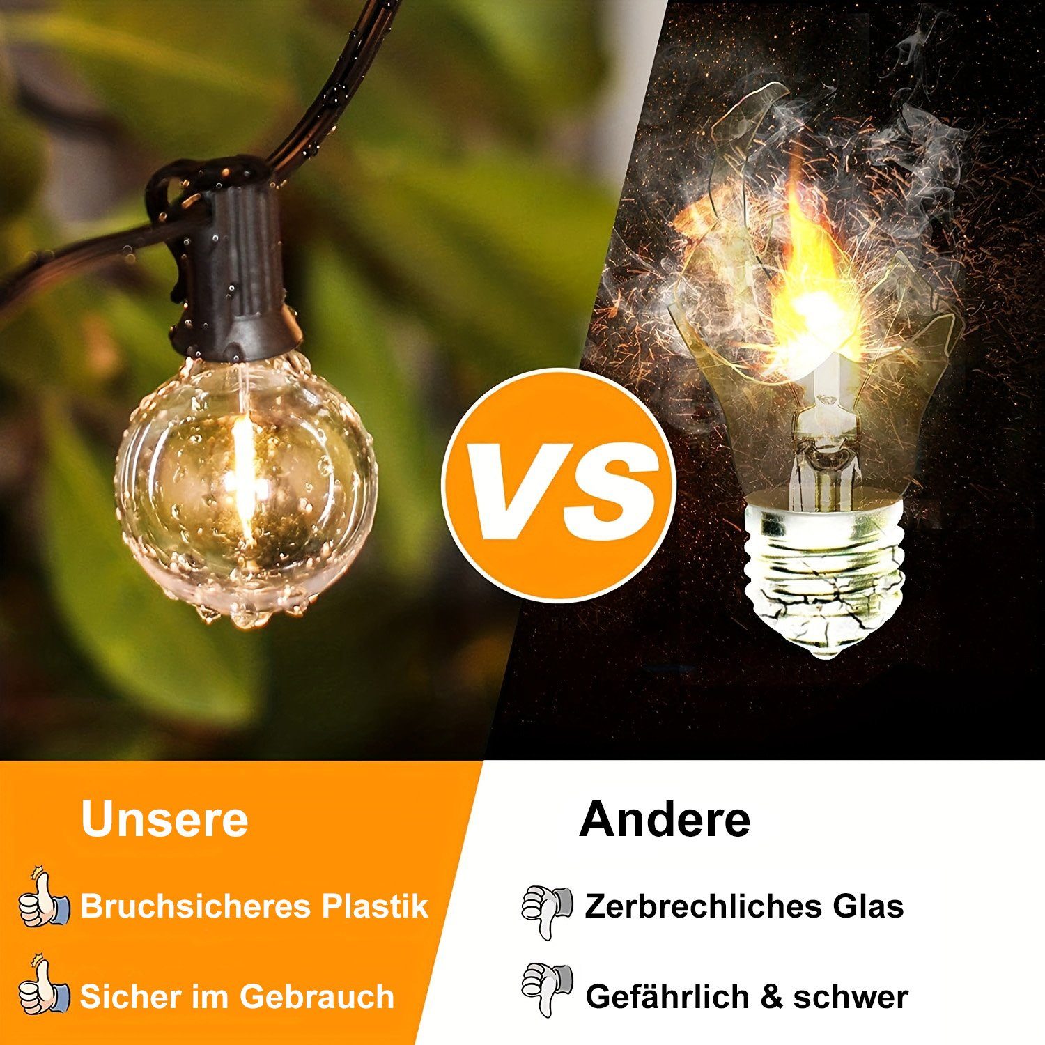 Rosnek LED-Lichterkette G40, Anschließbar, 10/25/30/50 Steckdosen, wasserdicht, für Hinterhof, Veranda Balkon Party Deko