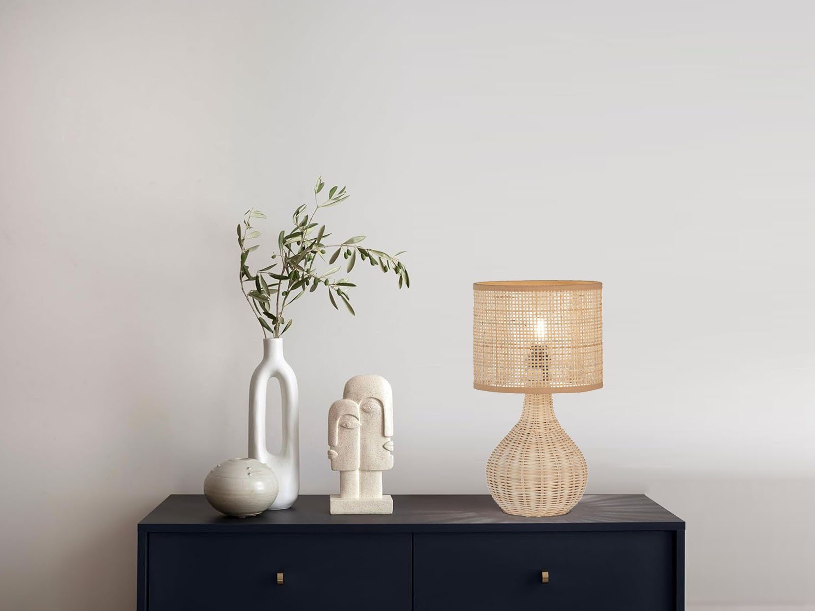 meineWunschleuchte LED Nachttischlampe, LED wechselbar, Warmweiß, Holzfuß & Designer Lampenschirm Korb-Geflecht Landhaus-Stil, Höhe 37cm