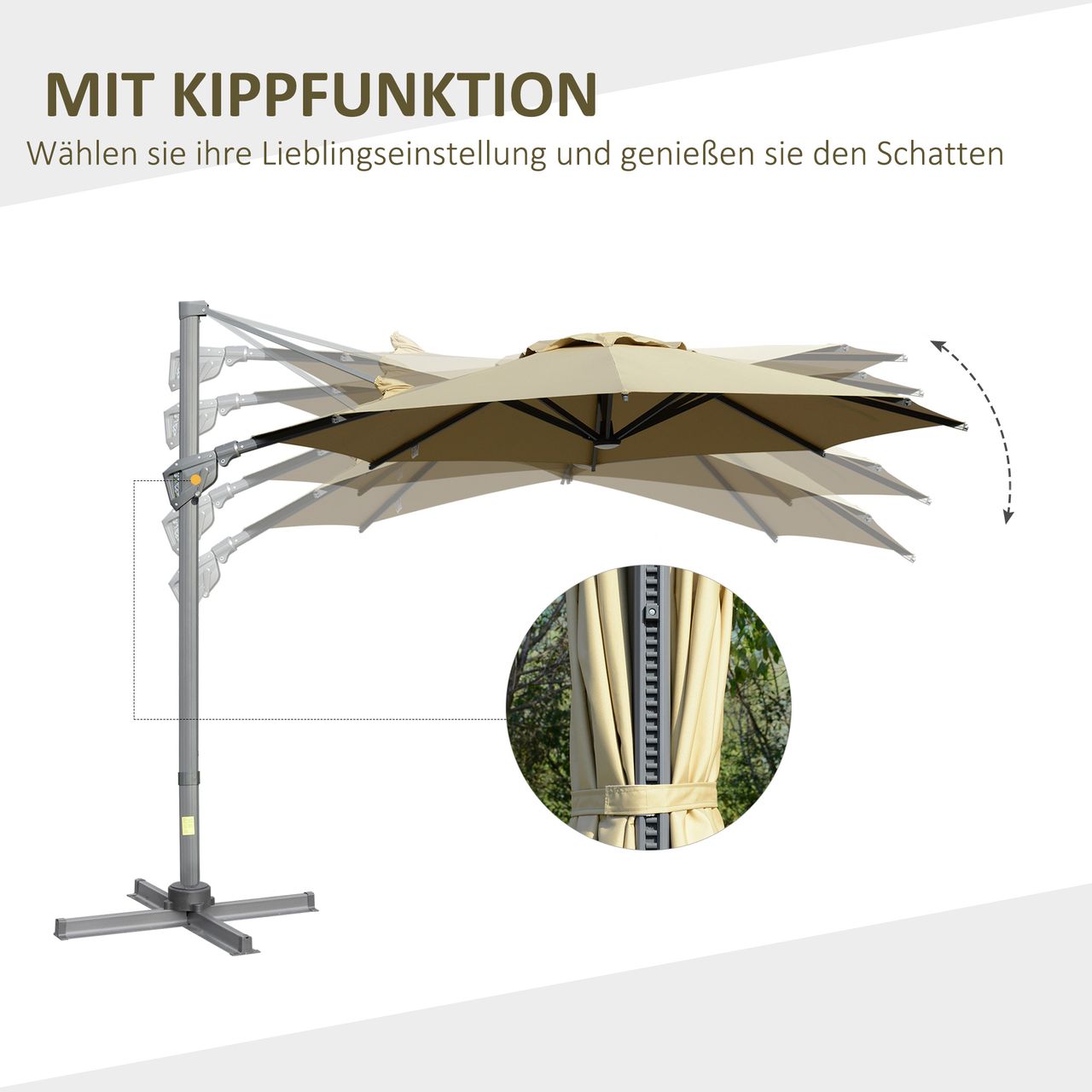 Outsunny Sonnenschirm Ø298 cm Kurbelschirm Ampelschirm Winkel verstellbar Khaki