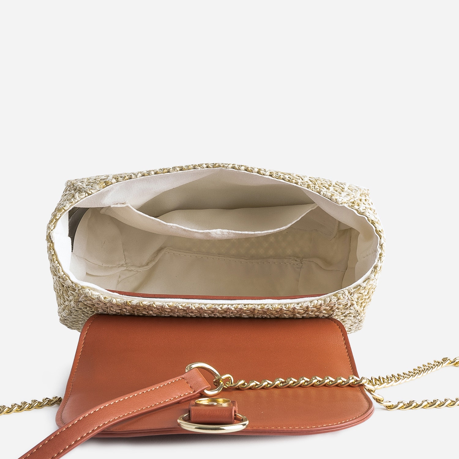 Sac bandoulière marron clair et beige tressé