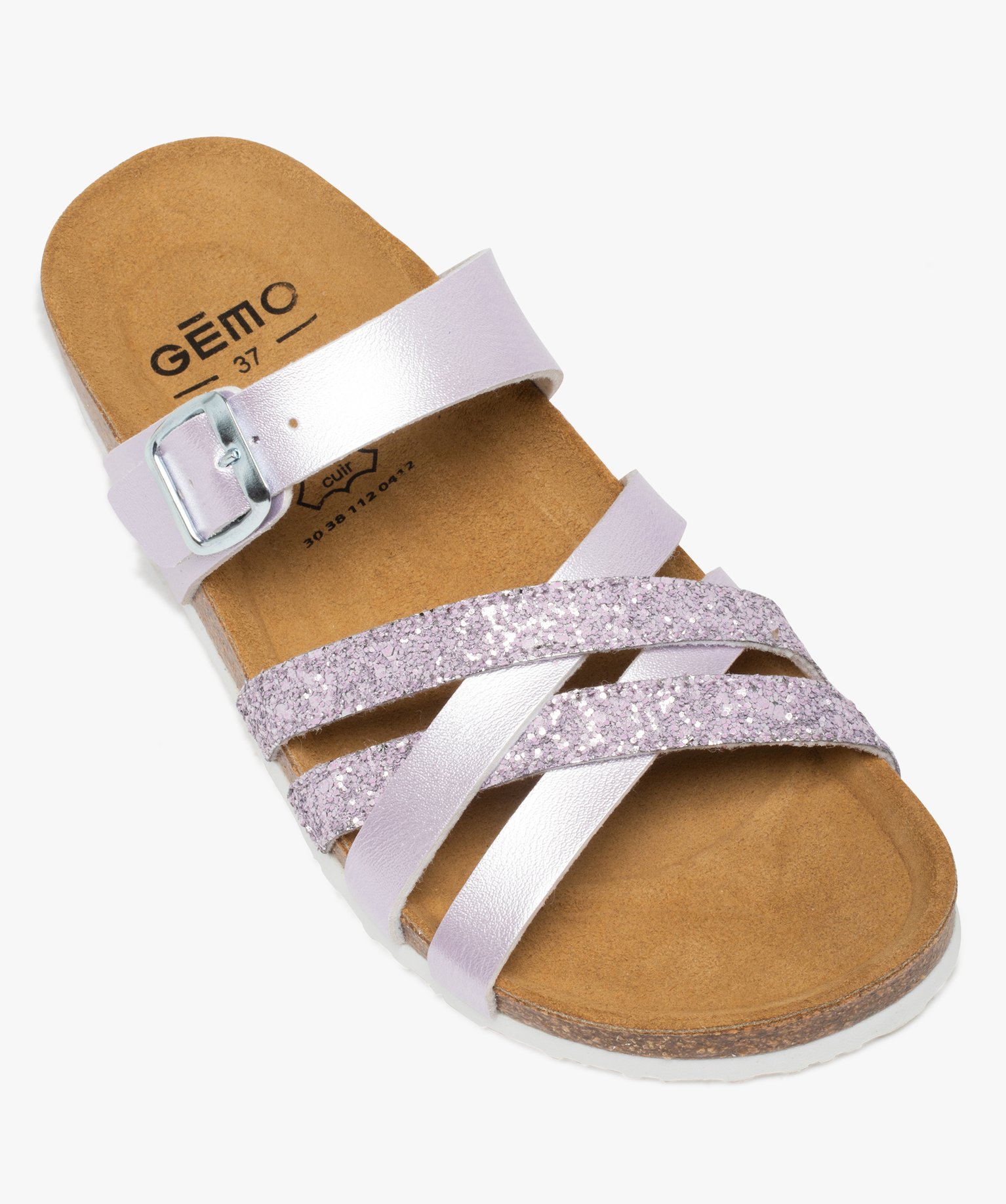 Mules femme plates à brides métallisées et pailletées violet clair | GEMO