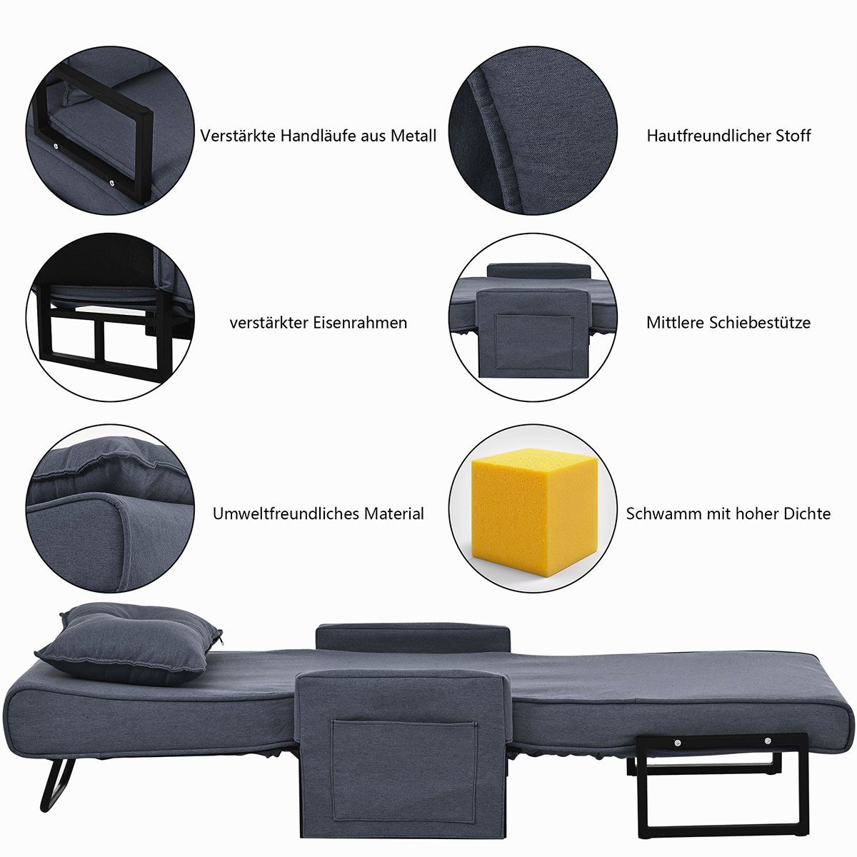 XDeer Relaxsessel 3 in 1 Schlafsofa Schlafsessel Indoor-Liegen mit Kissen, klappbarer Sofasessel Umwandelbare Chaiselongue Gepolsterter
