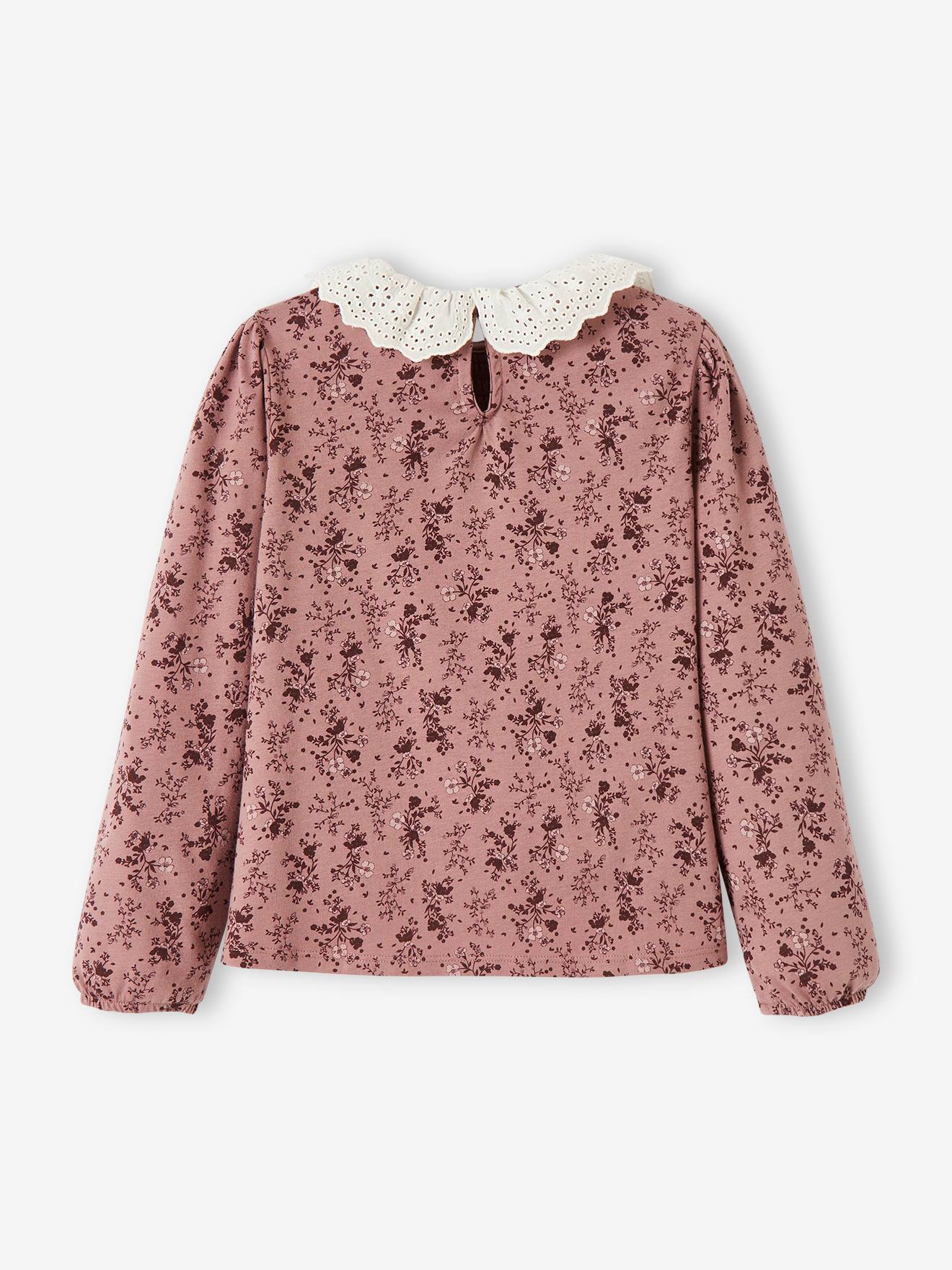 T-shirt blouse col en broderie anglaise fille marine rayé