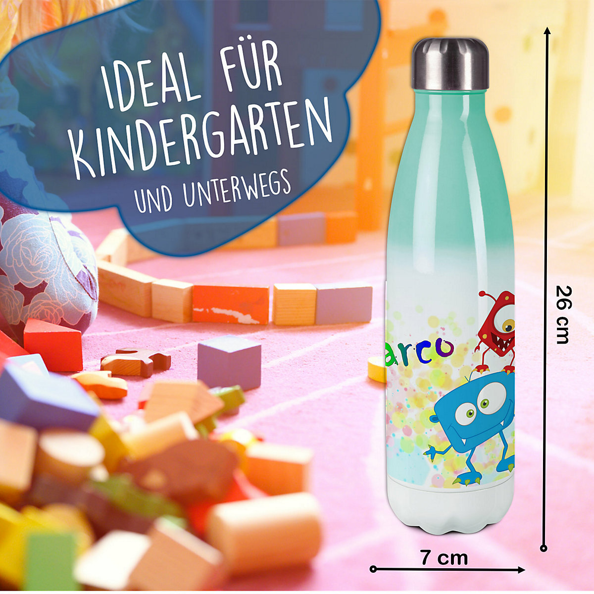Edelstahl Kinder Thermoflasche / Trinkflasche bunt Monster Farbkleks Spülmaschinenfest, Auslaufsicher, Bruchfest, Doppelwandig, Für Heißgetränke geeignet, Mit Deckel, Isoliert