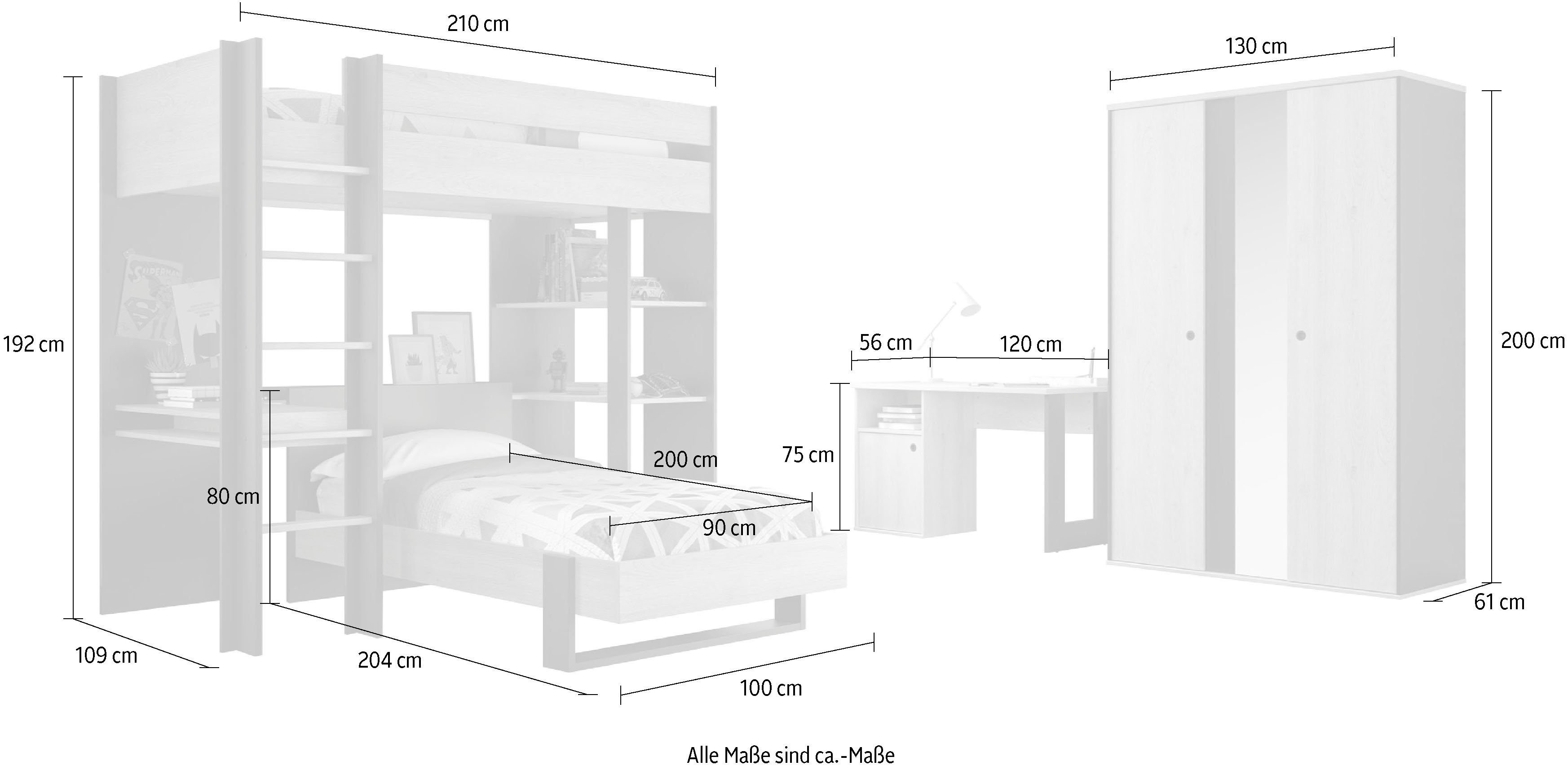 Gami Jugendzimmer-Set Duplex, (4-St., Bett, Kleiderschrank, Schreibtisch, Hochbett)