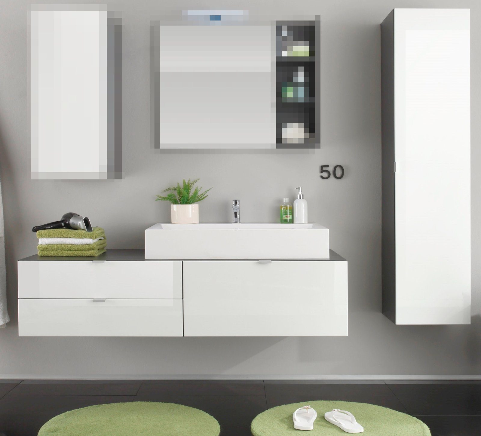 trendteam Badmöbel-Set Beach, (Badezimmer weiß Hochglanz und grau), komplett mit Waschbecken, Soft-Close