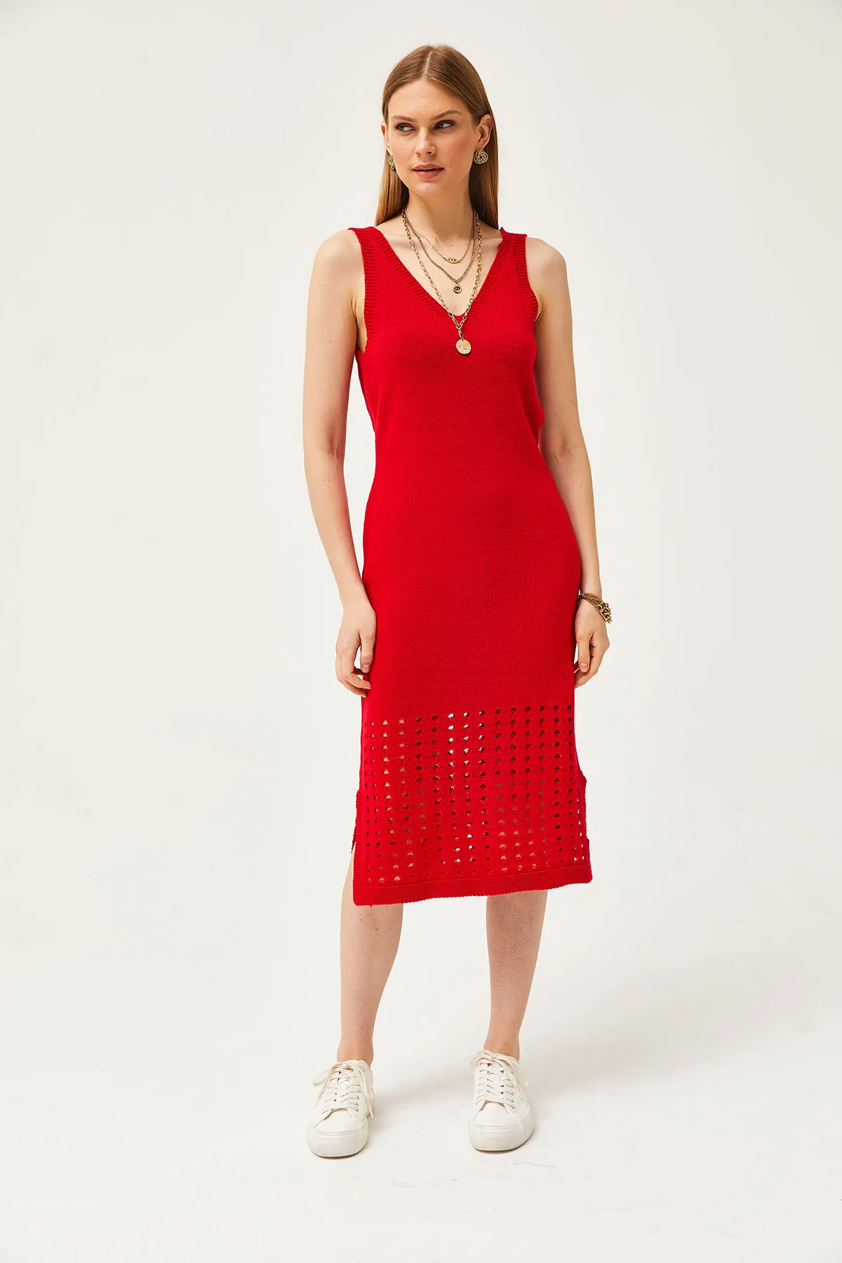 Olalook  Damen-Strickwaren-Set mit rotem Oberteil und durchbrochenem Pullover und unterem durchbrochenem Kleid TKM-19000246