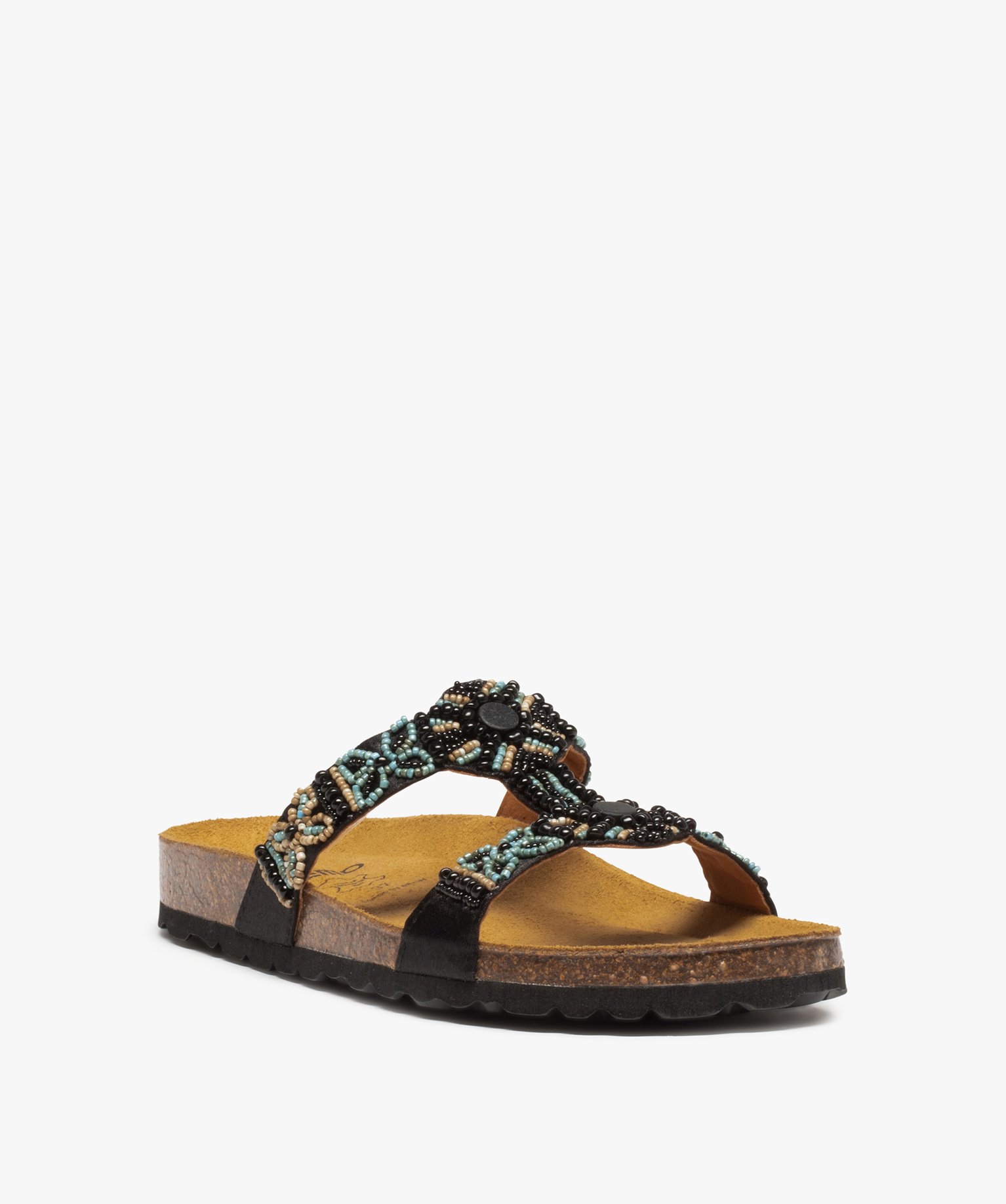 Mules femme avec brides ornées de perles de rocaille noir | GEMO