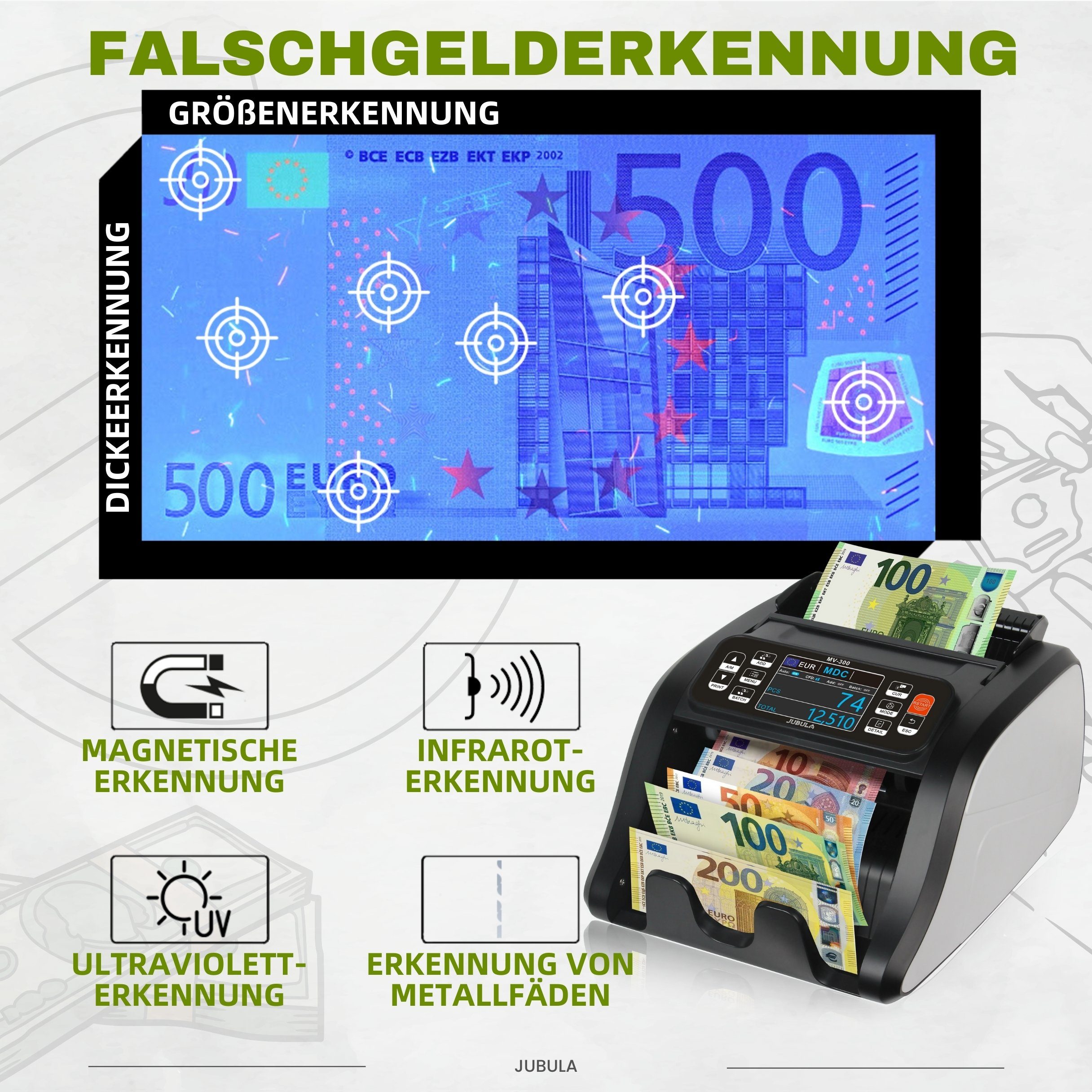 Jubula Banknotenzähler Mv-300, EUR USD GBP, Geldzählmaschine für gemischte Geldscheine, Exakt