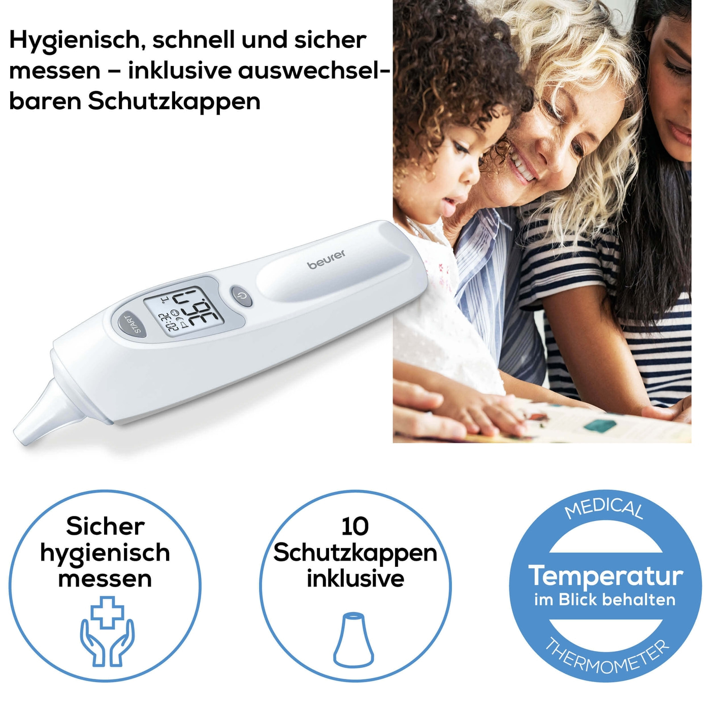 Beurer Ohrthermometer - FT 58-Ohrthermometer mit Infrarot-Messtechnik für hygienisches Messen