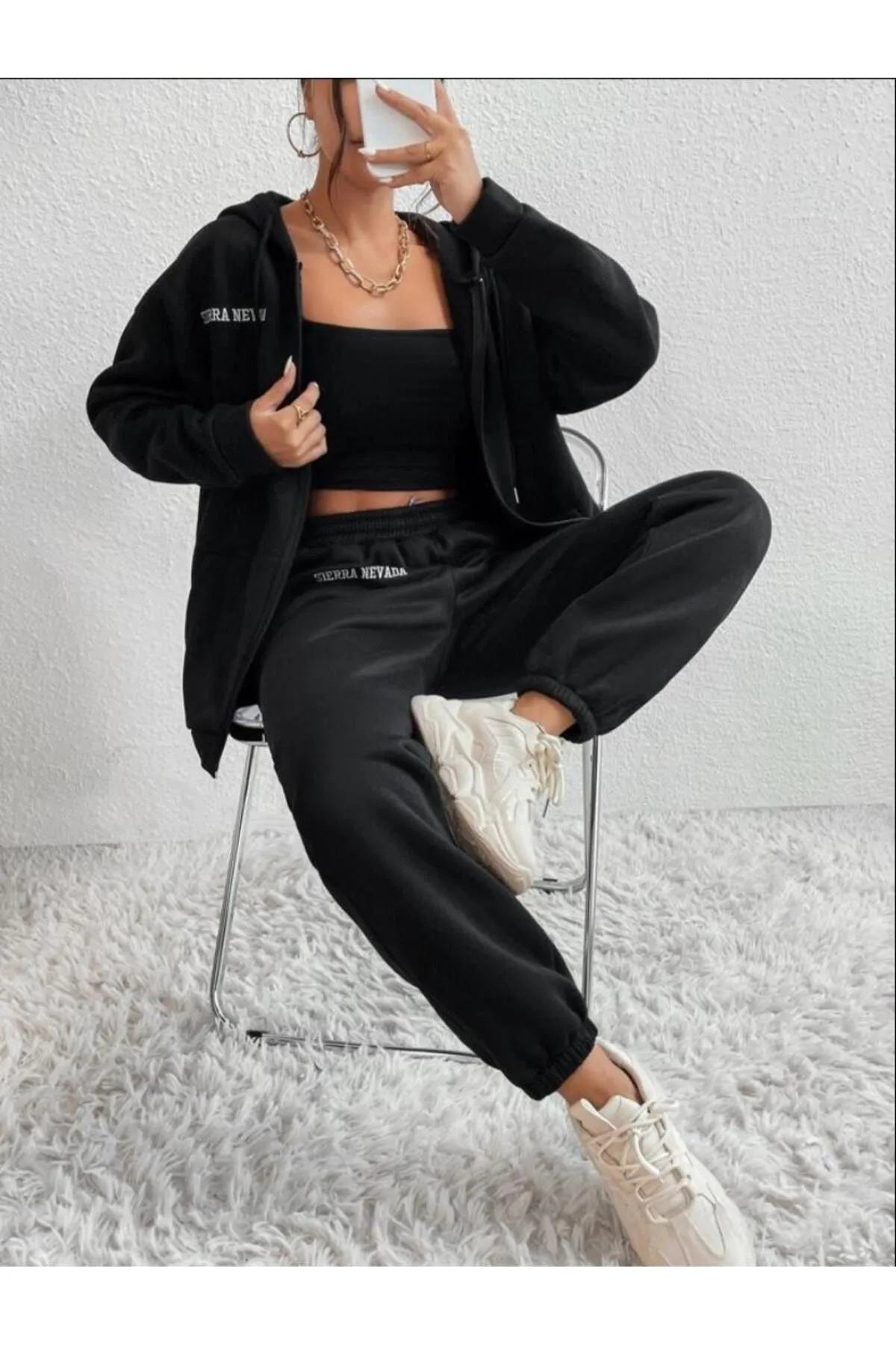 Know  Schwarzes Sierra Nevada-Trainingsanzug-Set mit Cardigan-Jogger-Übergröße für Damen in Schwarz