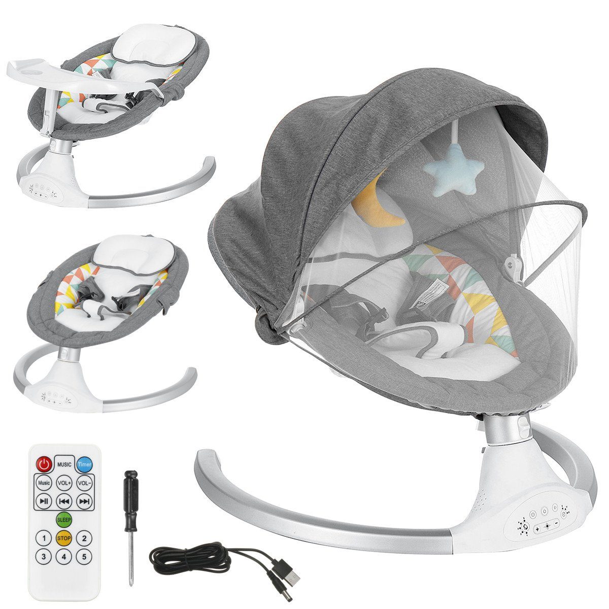 Kimbosmart Babyschaukel, bluetooth Musik mit Esstisch, Moskitonetz max. 9kg