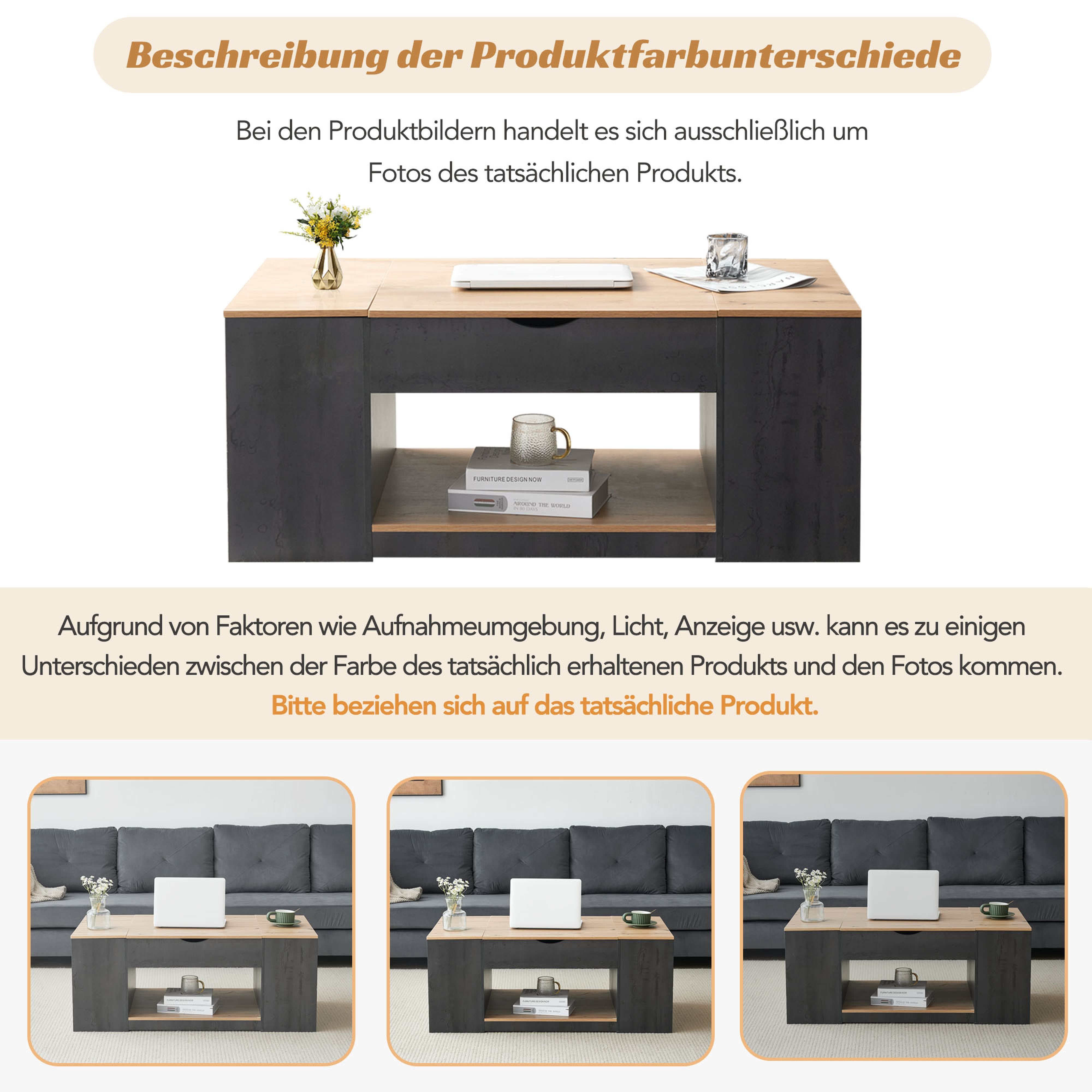 BlingBin Couchtisch Wohnzimmertisch (1-St., mit Liftfunktion, Stauraum unter der Tischplatte), Hubauszugstischplatte, 3 versteckte Fächer, ein offener Stauraum