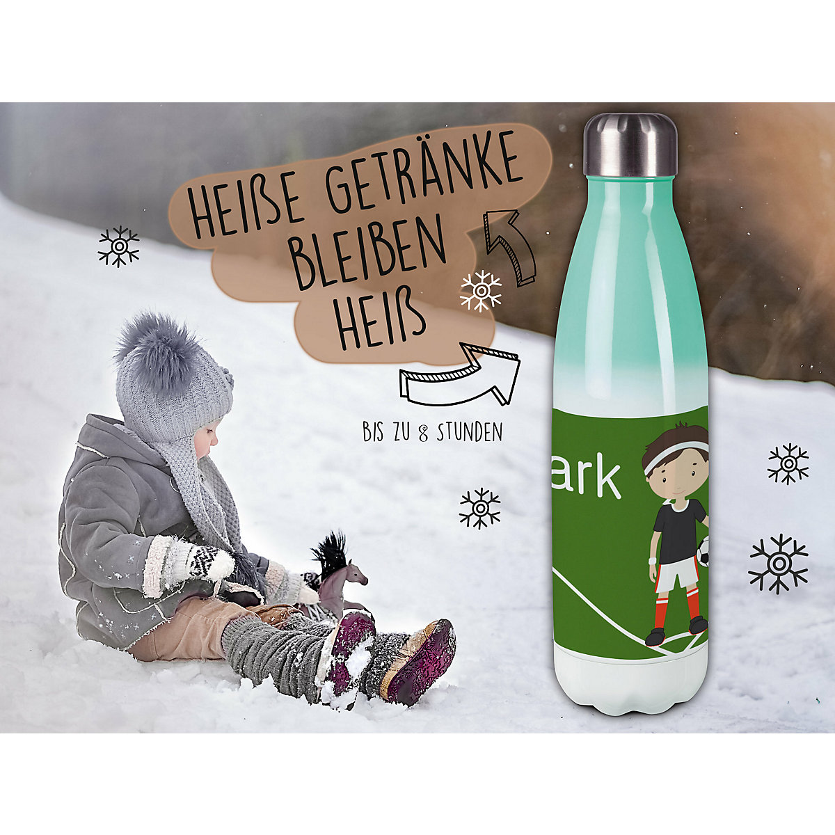 Edelstahl Kinder Thermoflasche / Trinkflasche bunt Fußballspieler Spülmaschinenfest, Auslaufsicher, Bruchfest, Doppelwandig, Für Heißgetränke geeignet, Mit Deckel, Isoliert