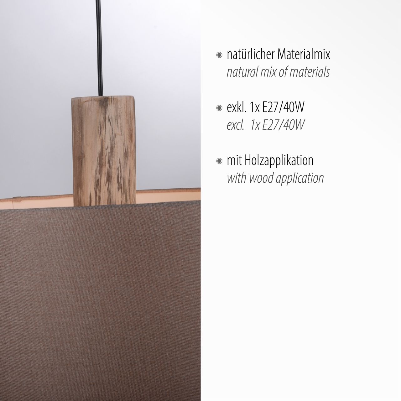JUST LIGHT LeuchtenDirekt Pendelleuchte LINEN, Holzapplikation, natürlicher Materialmix, 2x E27/60W exkl., Innenleuchte