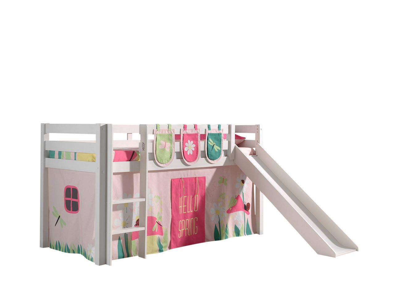 VIPACK Spielbett Pino inkl. Rutsche mit Textilset Vorhang und 3 Taschen 