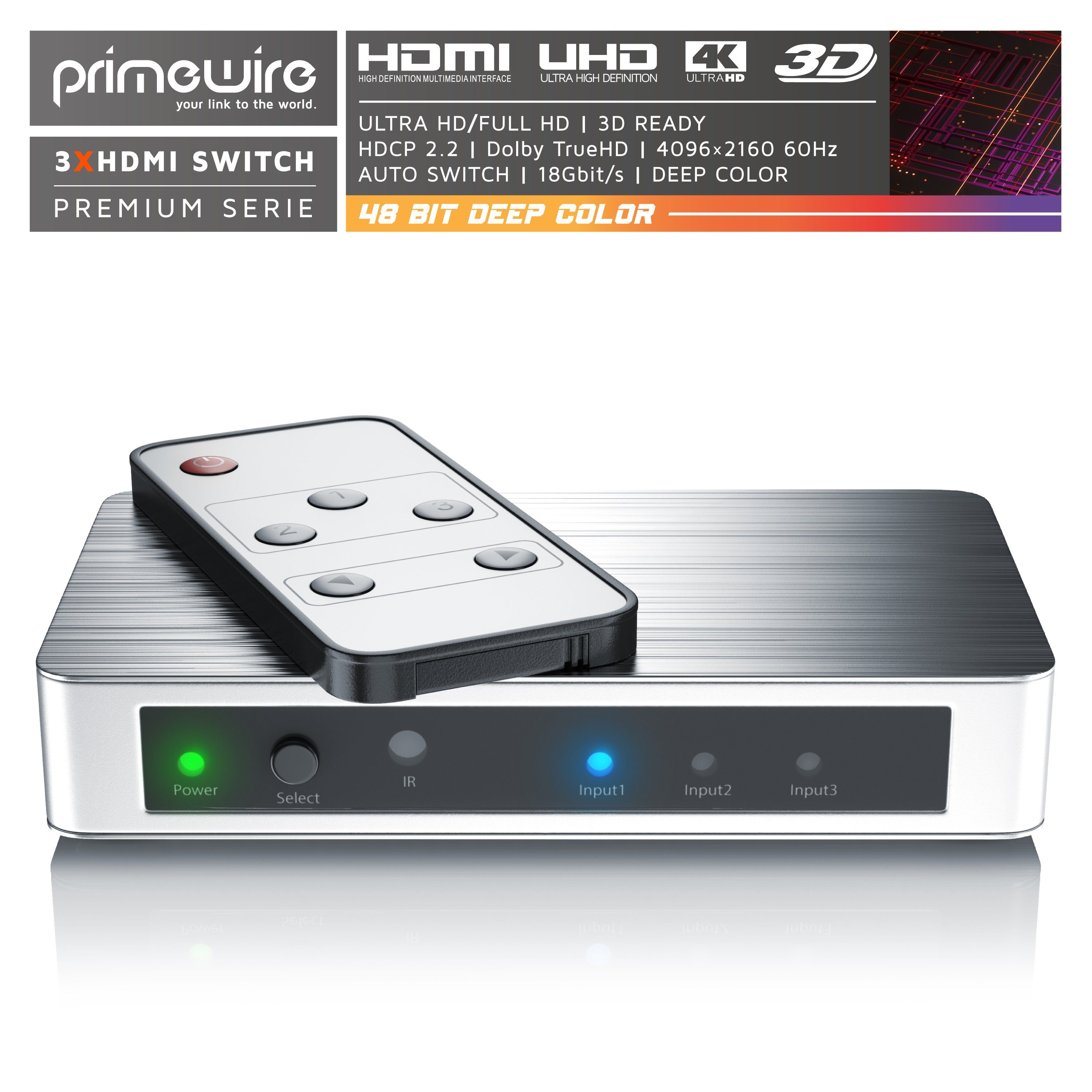 Primewire Audio / Video Matrix-Switch, 3-Port 4k UHD HDMI Switch, Verteiler mit Fernbedienung & Netzteil