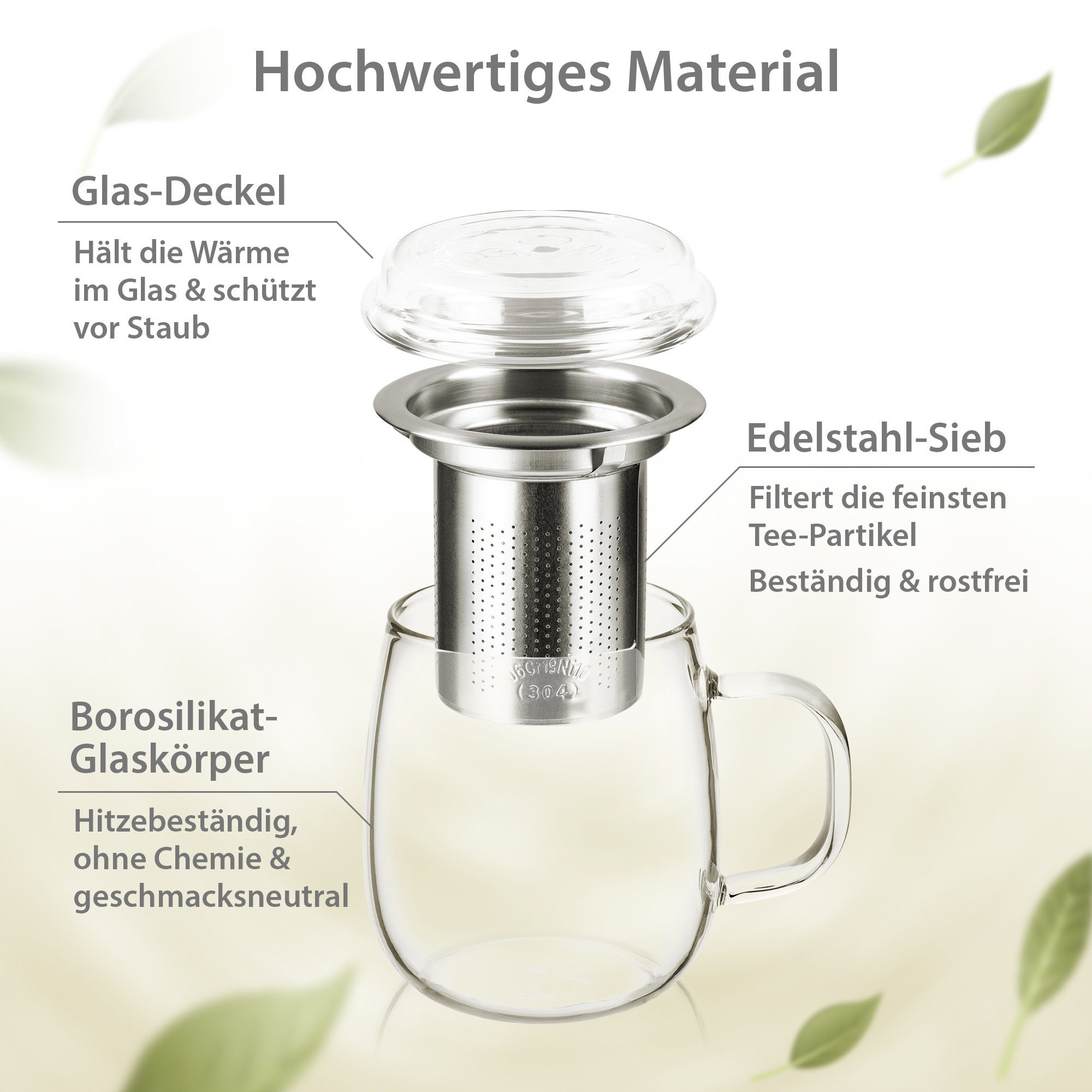 Impolio Teeglas Impolio Classic Teeglas mit Edelstahl-Sieb 2-teiliges Set 430 ml, Glas