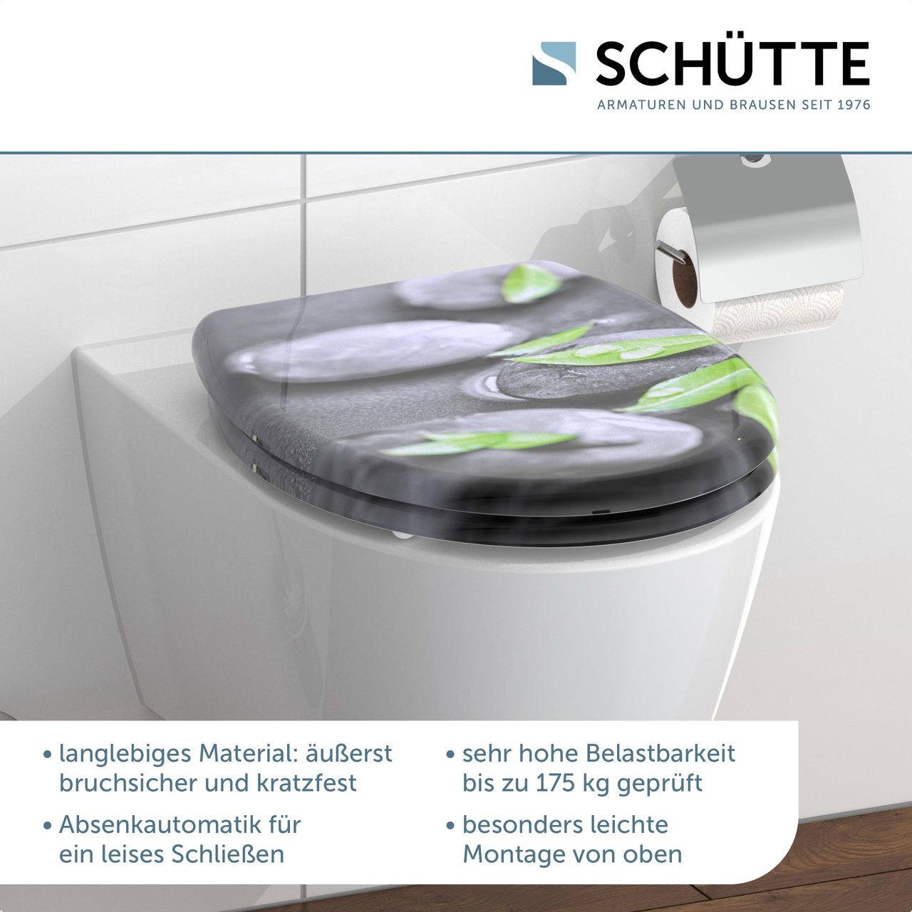 Schütte Duroplast WC Sitz STONE, Toilettendeckel mit Absenkautomatik und Schnellverschluss, Klobrille mit Motivdruck