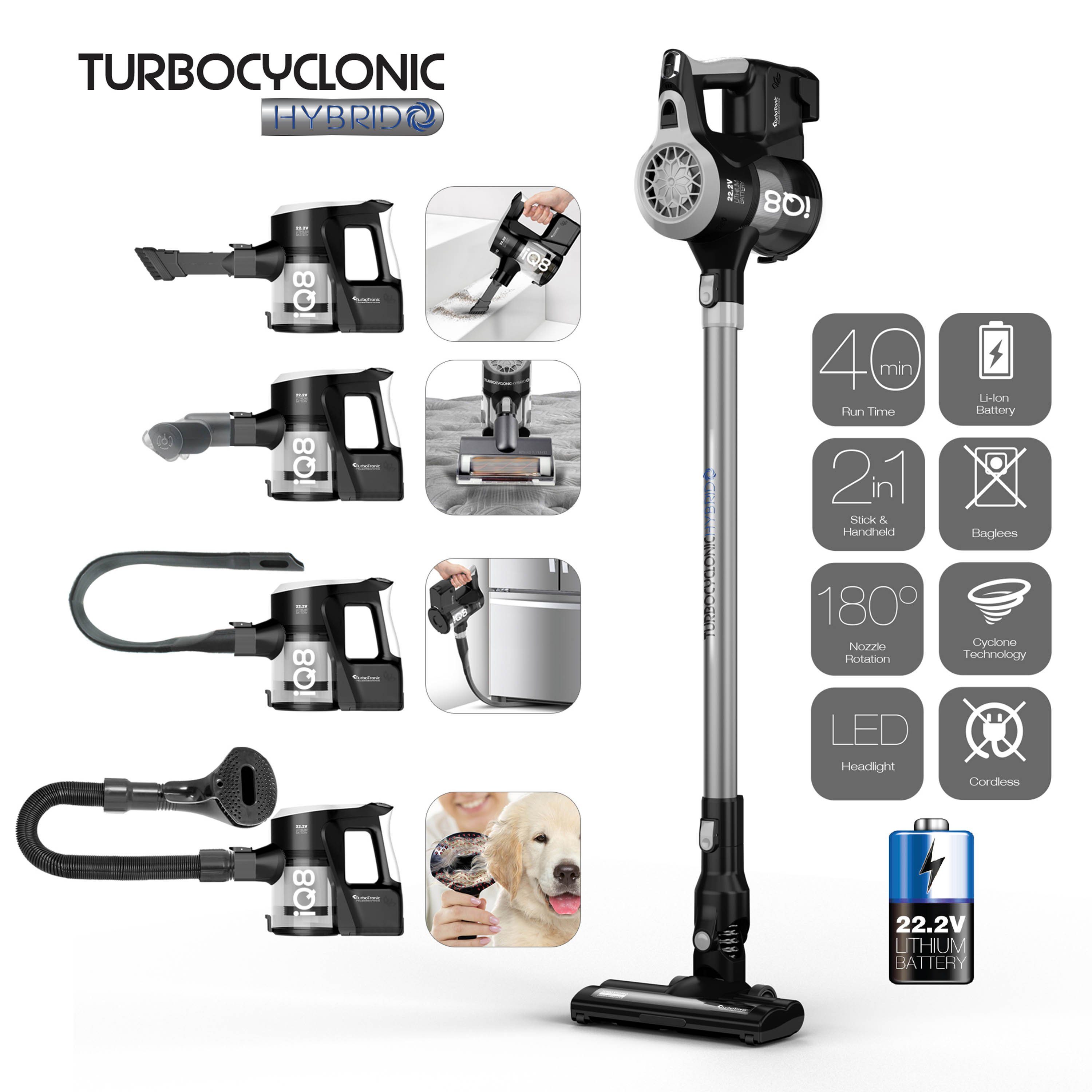 TurboTronic by Z-Line Akku-Hand-und Stielstaubsauger >8 kpa, 45 Min. Laufzeit, ultra-Leichtgewicht Boden Staubsauger, 120 W, beutellos, kabelloser Handsauger mit Wandhalterung