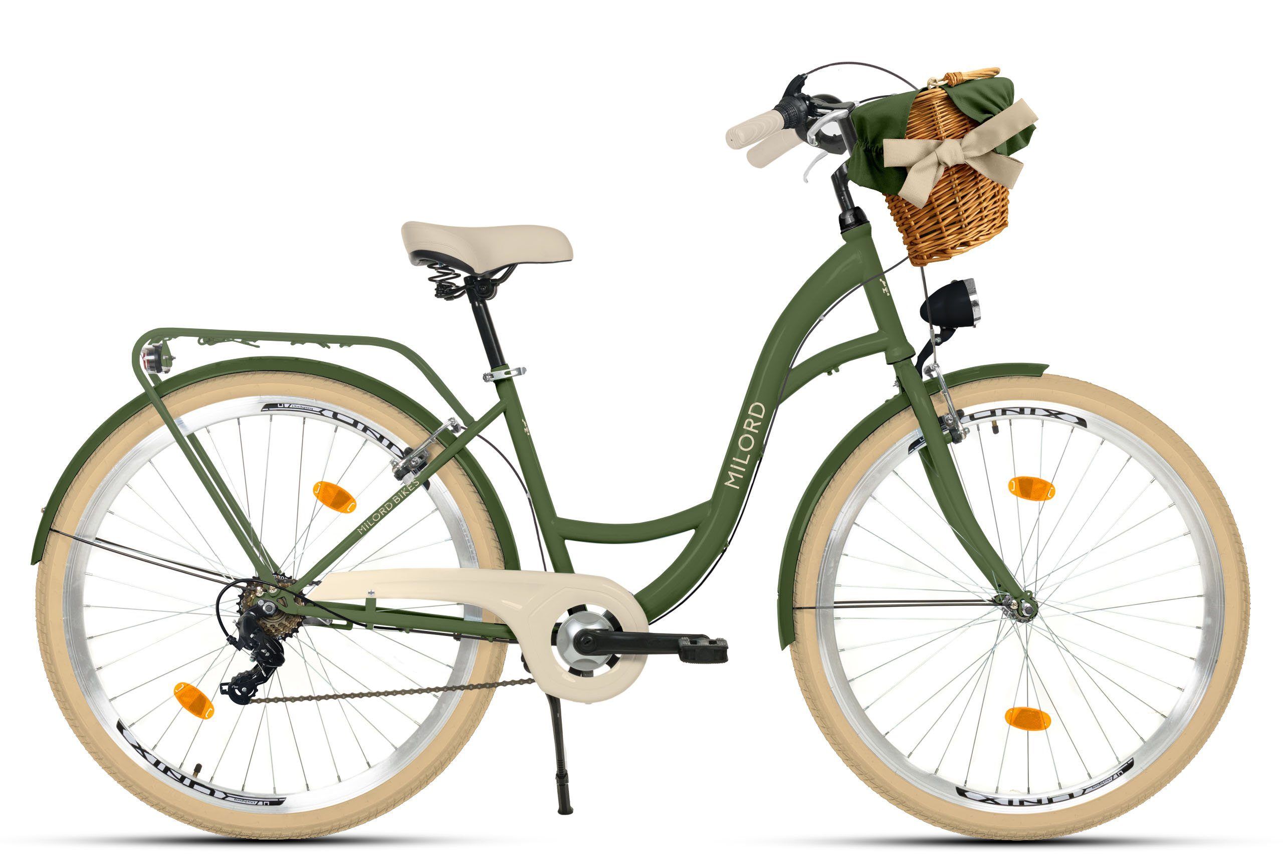 MILORD BIKES Cityrad Milord City Fahrrad Weidenkorb Damen, 28/26 Zoll, Grün-Creme, 7-Gang, 7 Gang Shimano, Kettenschaltung