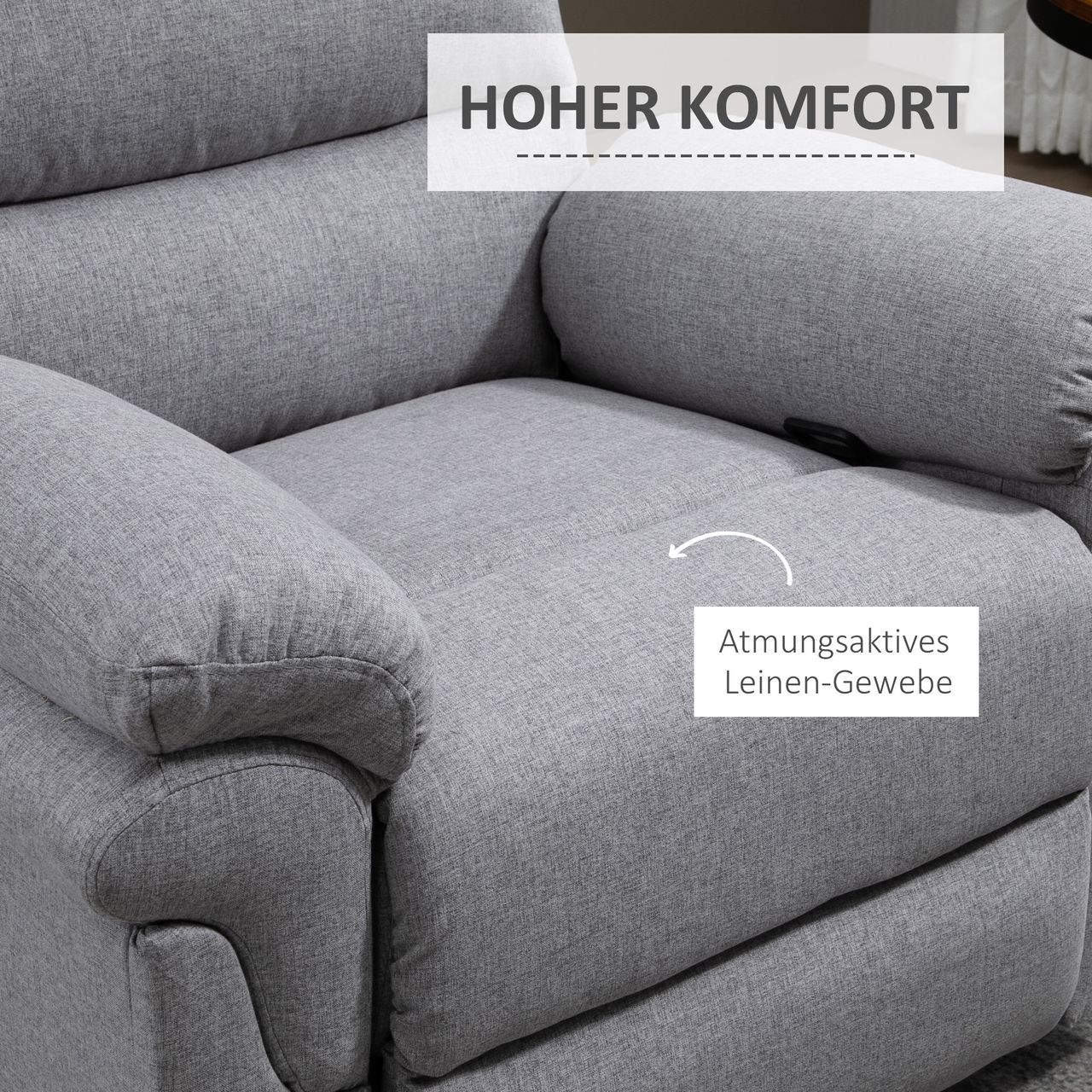 HOMCOM Relaxsessel mit Liegefunktion Einzelsofa Verstellbar Liege 165° neigbar Liegesessel Ruhesessel Fernsehsessel für Wohnzimmer Schlafzimmer Leinen-Touch Hellgrau 91 x 92 x 102 cm