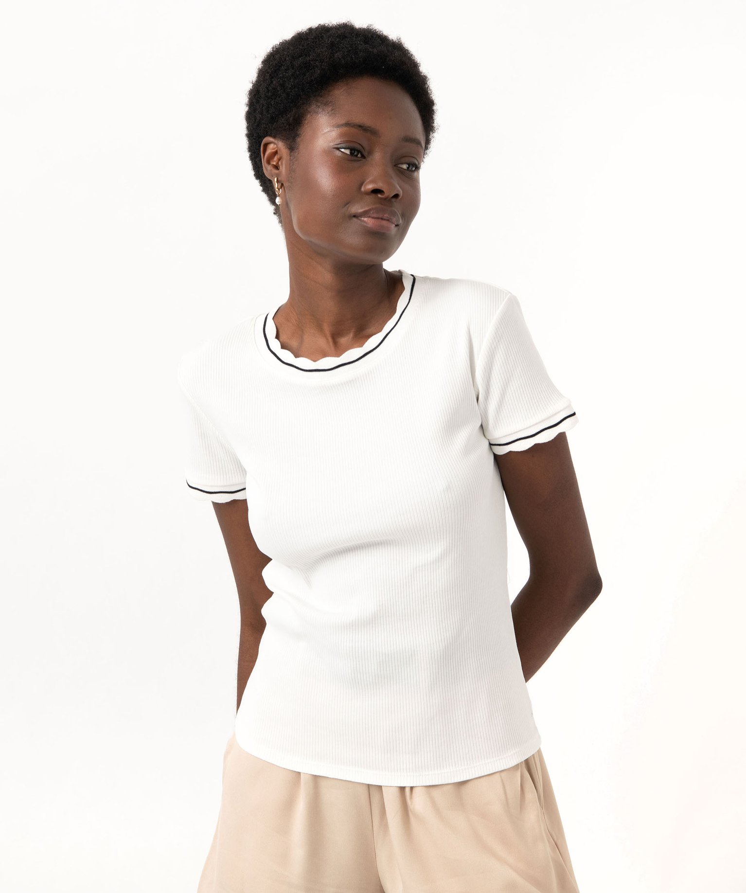 Tee-shirt à manches courtes en maille ctelée femme blanc | GEMO