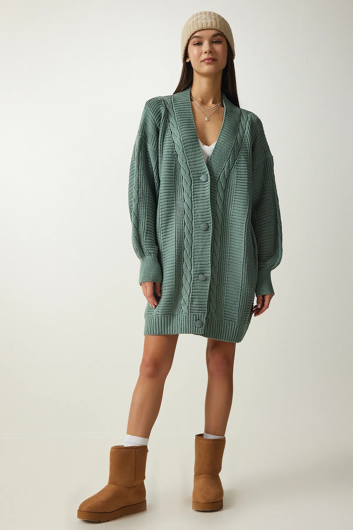 Happiness İstanbul  Grüner Oversize-Strick-Cardigan mit Ballonärmeln für Damen DD01033