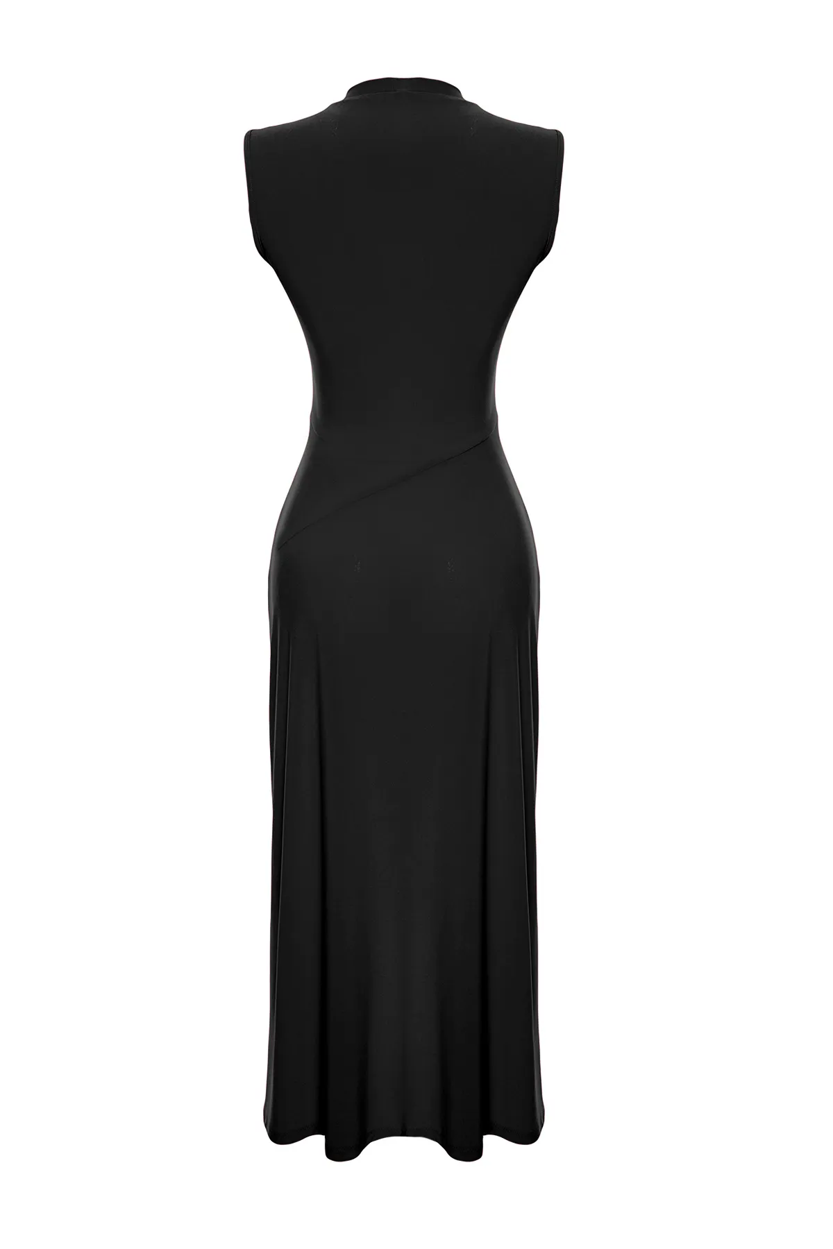 Trendyol Collection  Schwarzes asymmetrisches Stehkragen-Midikleid mit ärmellosen Ärmeln und Stretch-Strick TWOSS24EL00814