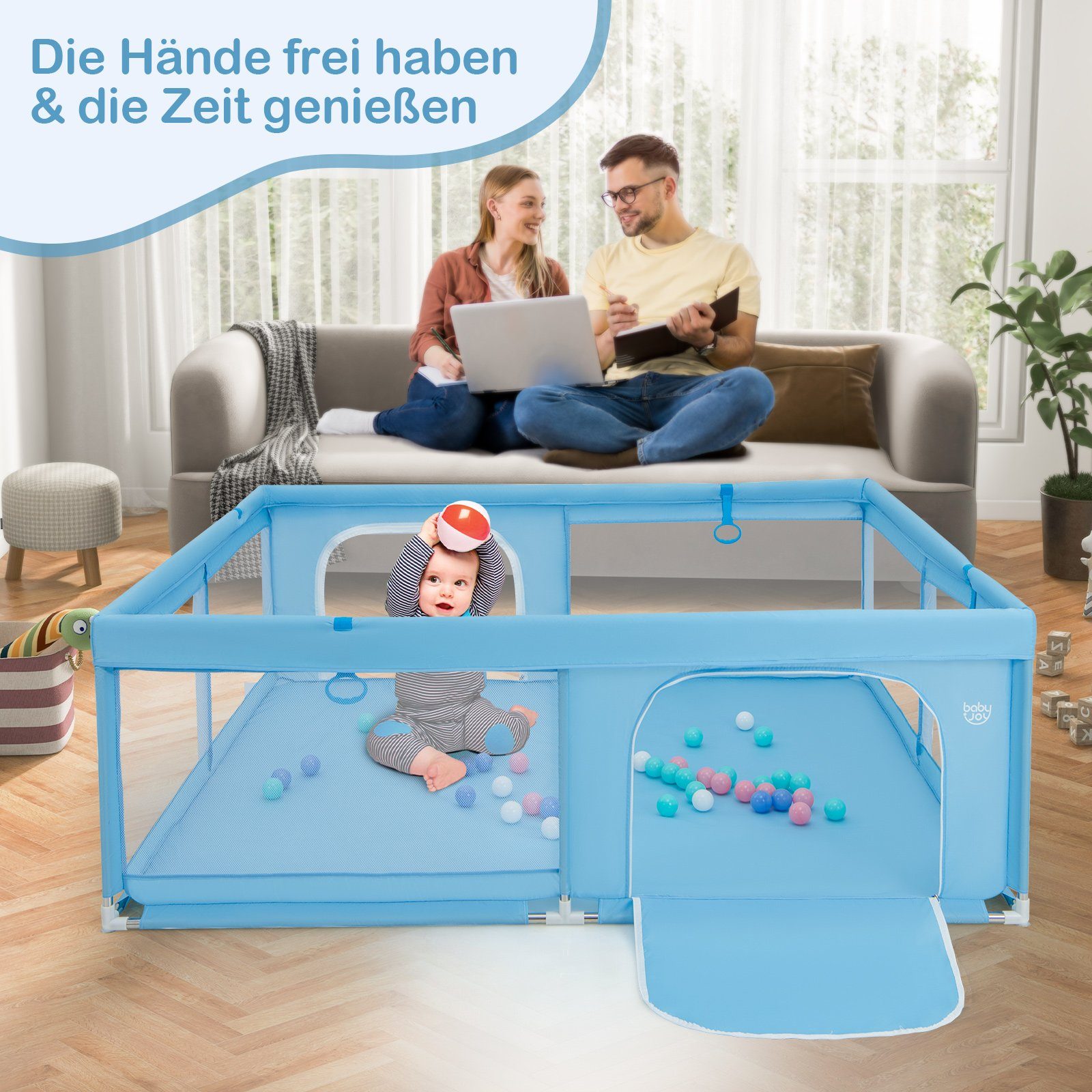 COSTWAY Laufstall Baby Laufgitter, 200 x 180cm, mit 50 Bällen