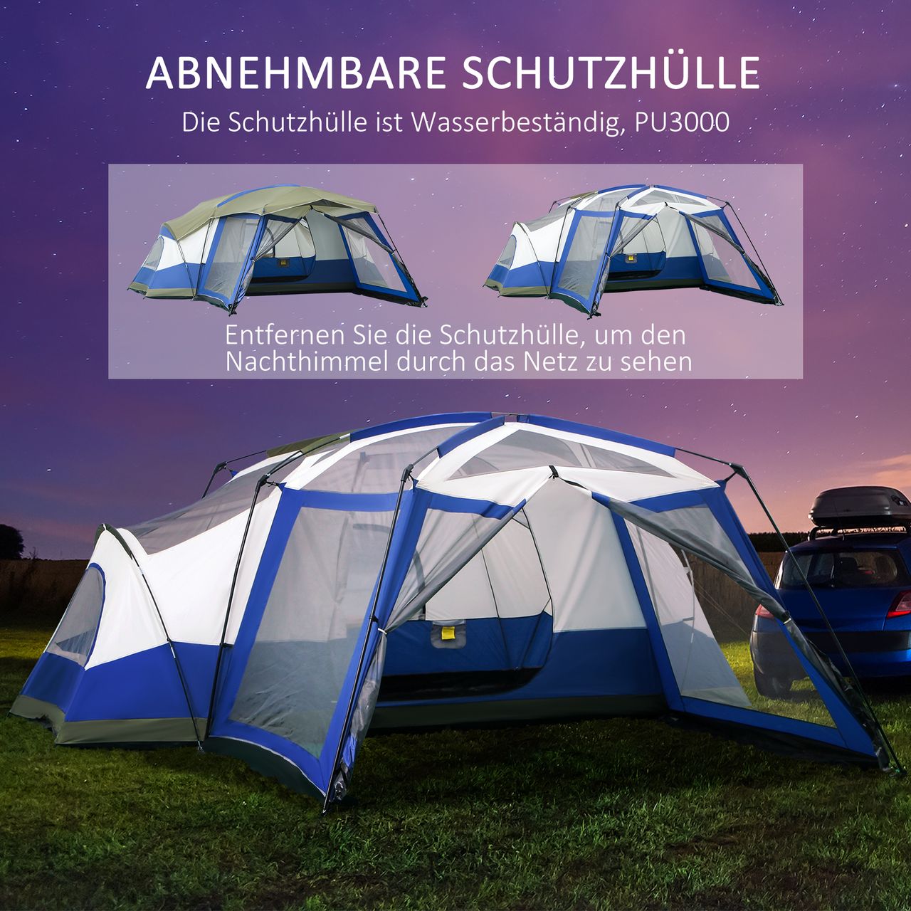 Outsunny Camping Zelt 6-8 Personen Zelt Familienzelt mit Vorraum 2 Fenster Kuppelzelt PU3000mm für Trekking Festival Glasfaser Blau 518 x 487 x 237 cm