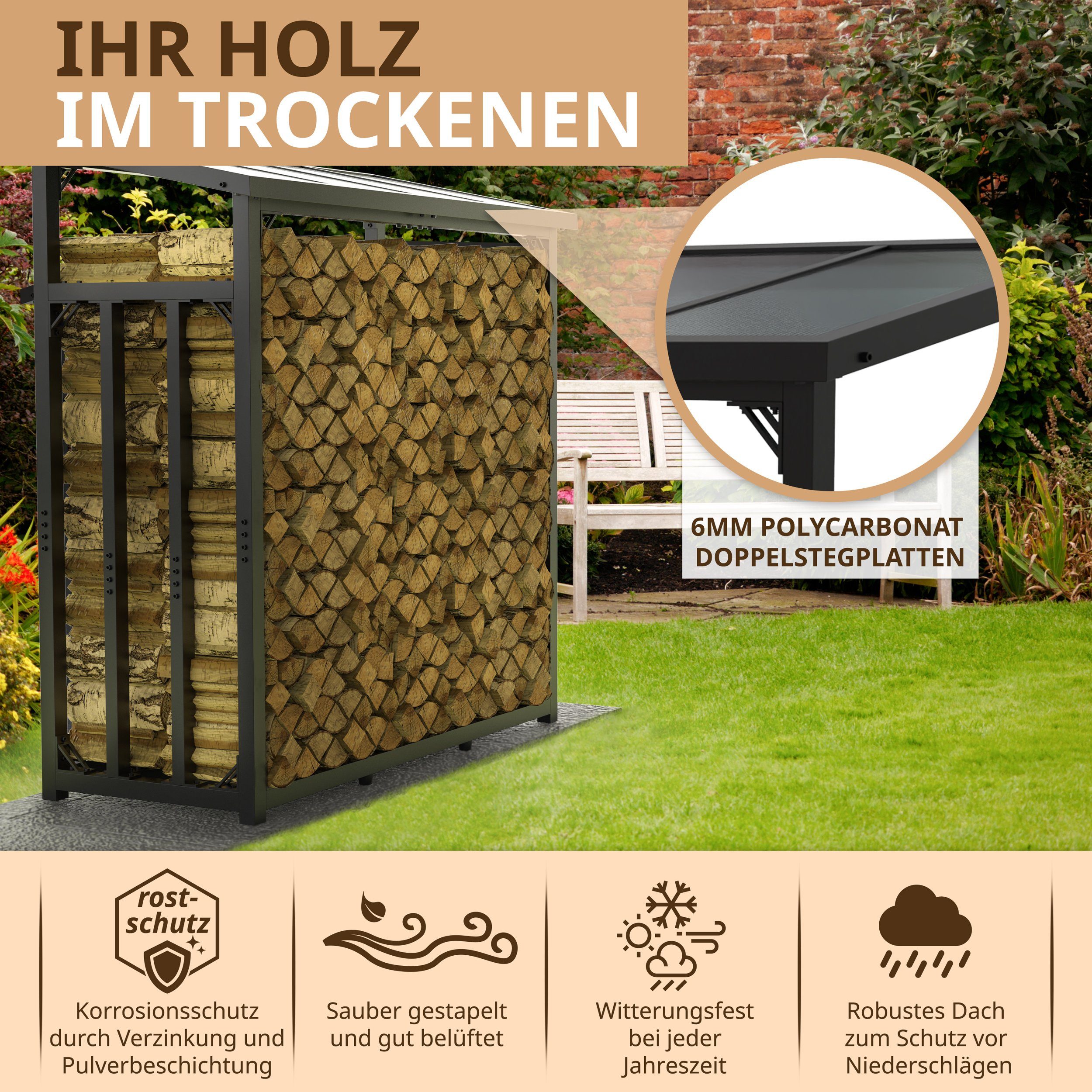 LAWA Living and Lifestyle Kaminholzregal Metall mit Dach VERZINKT Feuerholzregal außen Stapelhilfe Brennholz, BxTxH:188x70x188 cm, (Kaminholzunterstand, Brennholzregal), Stahl, 3t, für ca. 2,3³ RM, schwarz, schwere Qualität