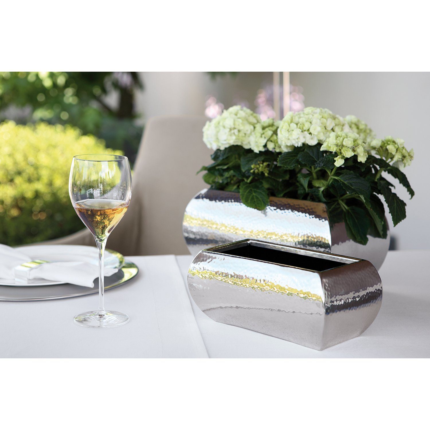 Fink Übertopf Übertopf JARDIN - silberfarben - Edelstahl - H.12cm x B.23cm x T.13 cm, Gehämmerte Oberfläche