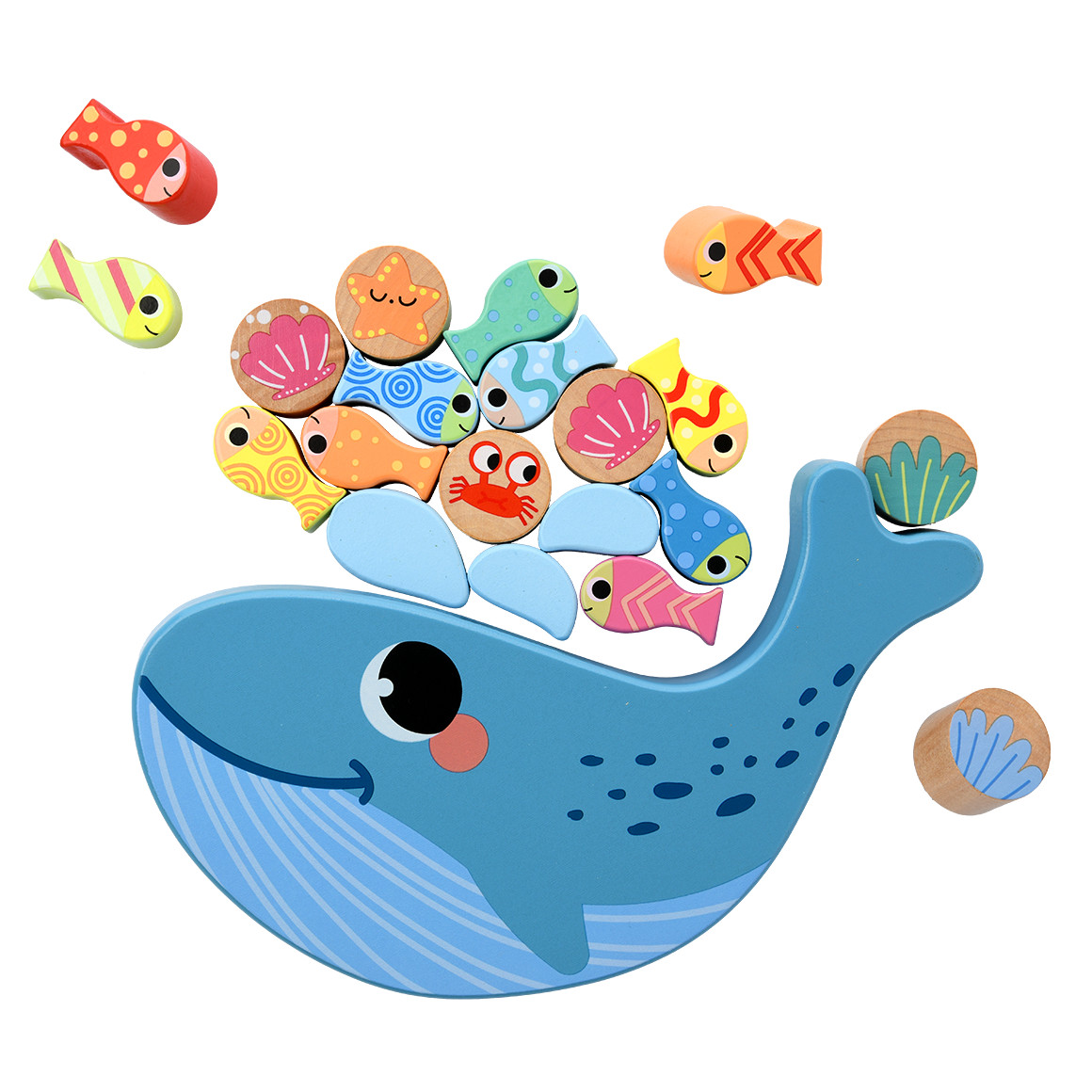 Balance-Spiel mit Wal und bunten Fischen