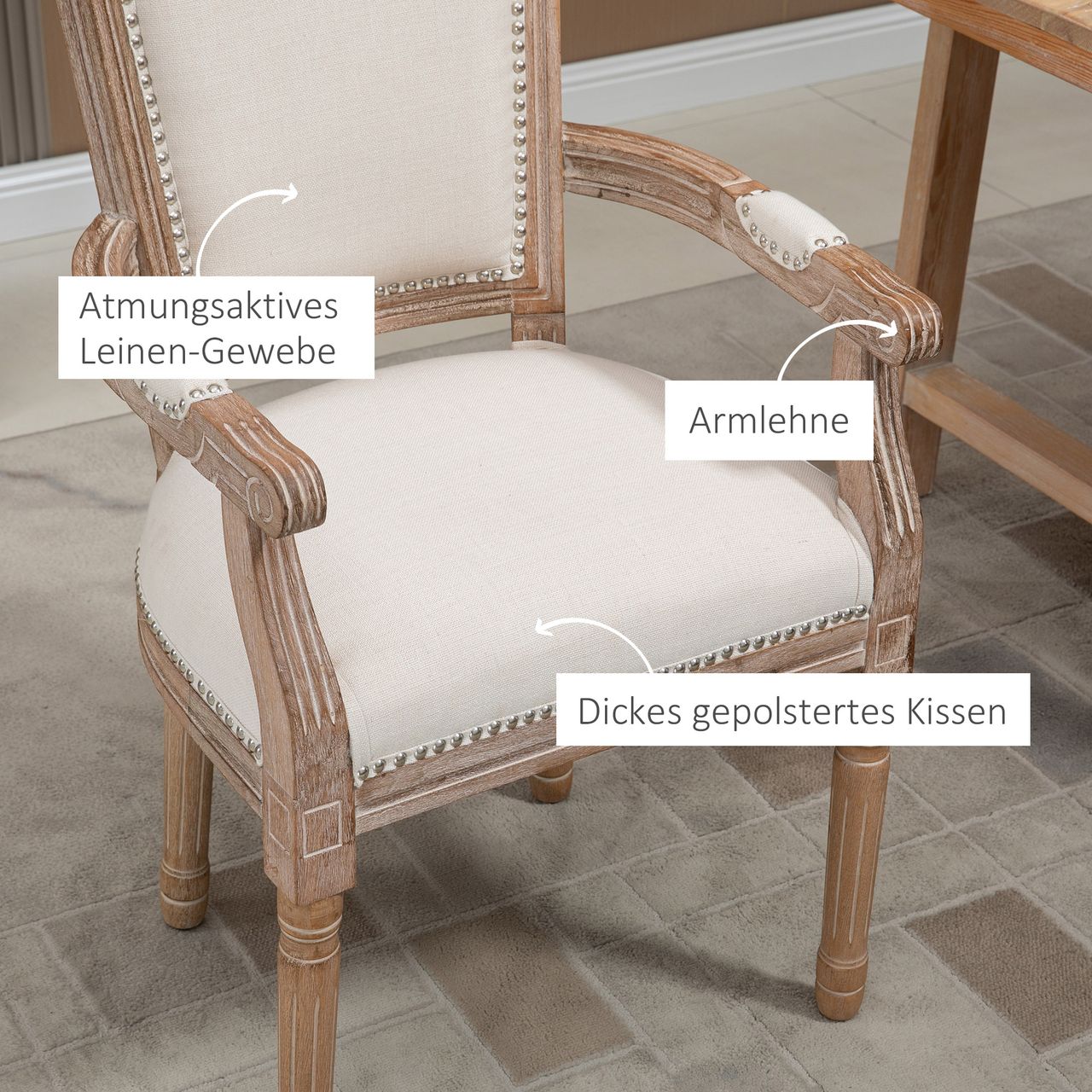 HOMCOM Esszimmerstuhl Küchenstuhl mit Armlehne im Vintage Design Linen Optik