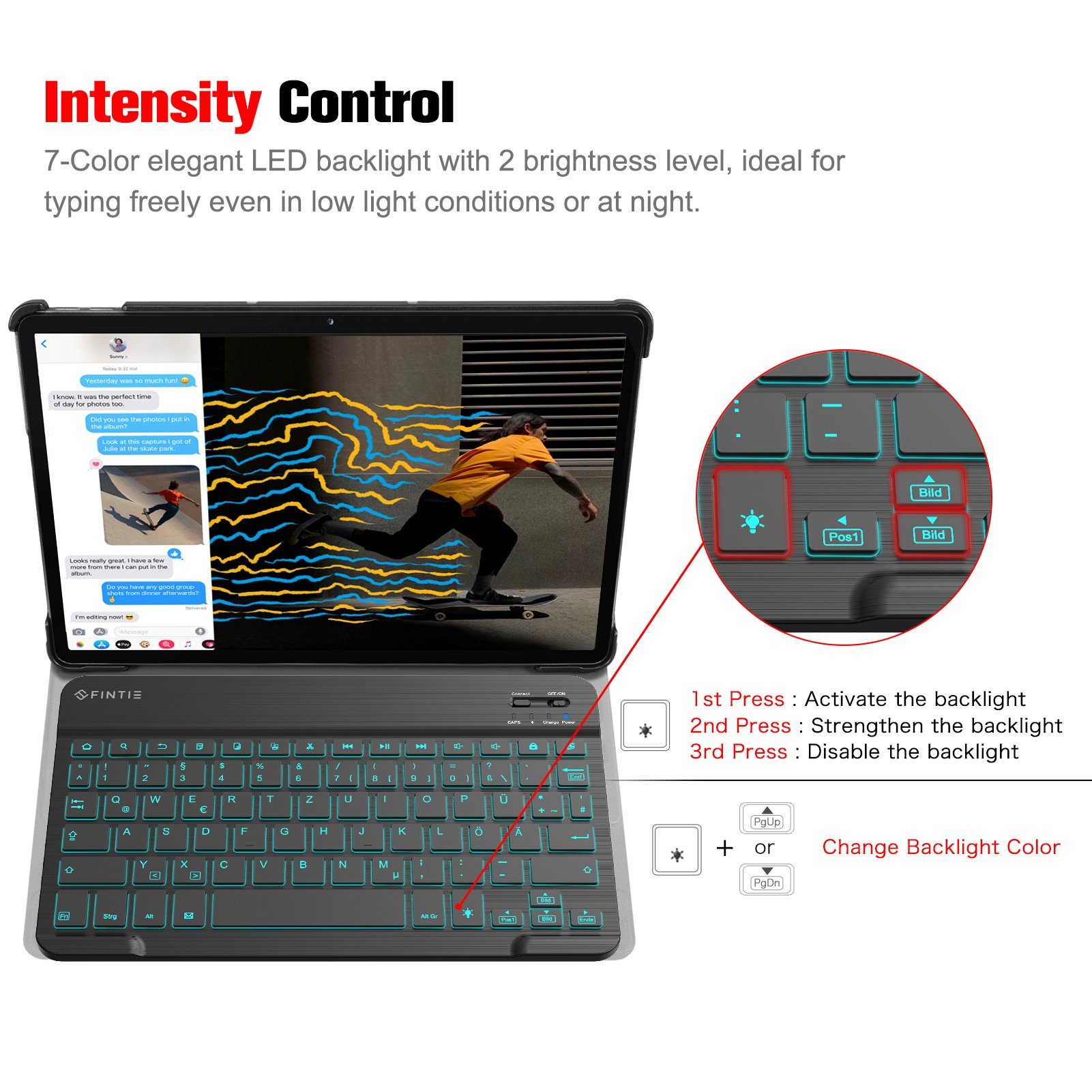 Fintie Farbige Beleuchtete Tastatur(Deutsches Layout QWERTZ) 10‘’ Bluetooth Tablet-Tastatur (für Samsung Galaxy Tab A8/S6 Lite/S8 11, Xiaomi Pad 5, Lenovo P11/M10)