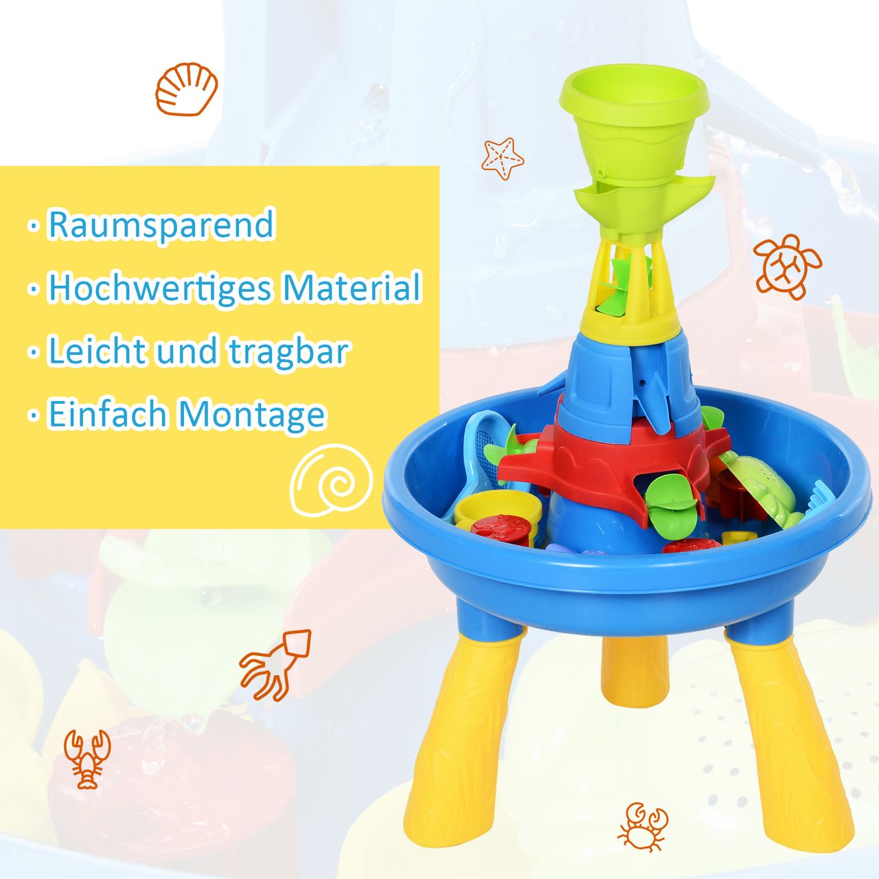 HOMCOM Kinder Spieltisch, Sandkastentisch mit 21-tlg. Zubehör, Wasserpark, Lernspielzeug, Baby Spielzeug ab 3 Jahren, PP, Bunt, 46 x 46 x 72 cm