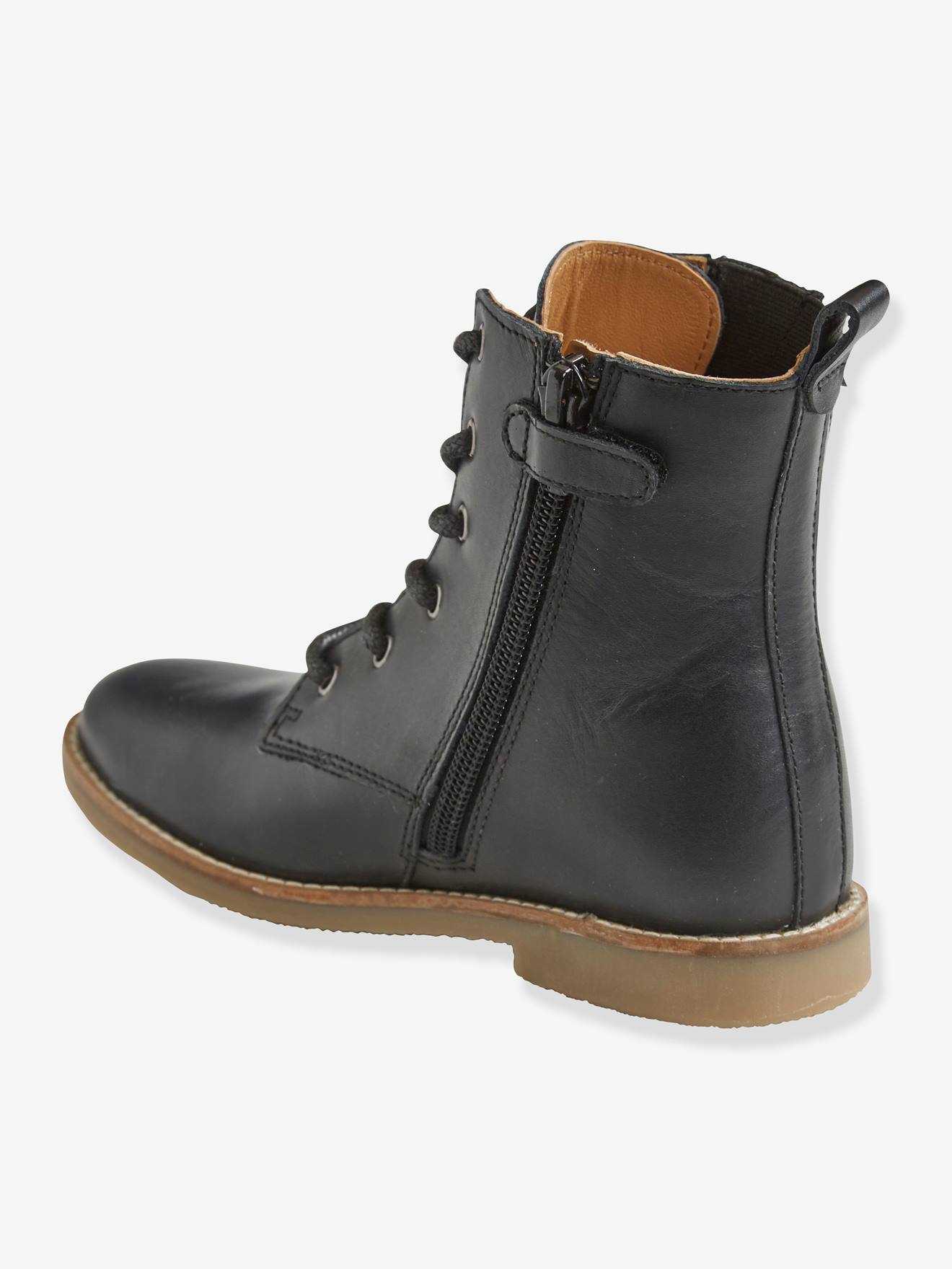 Bottines hautes lacées et zippées en cuir fille noir