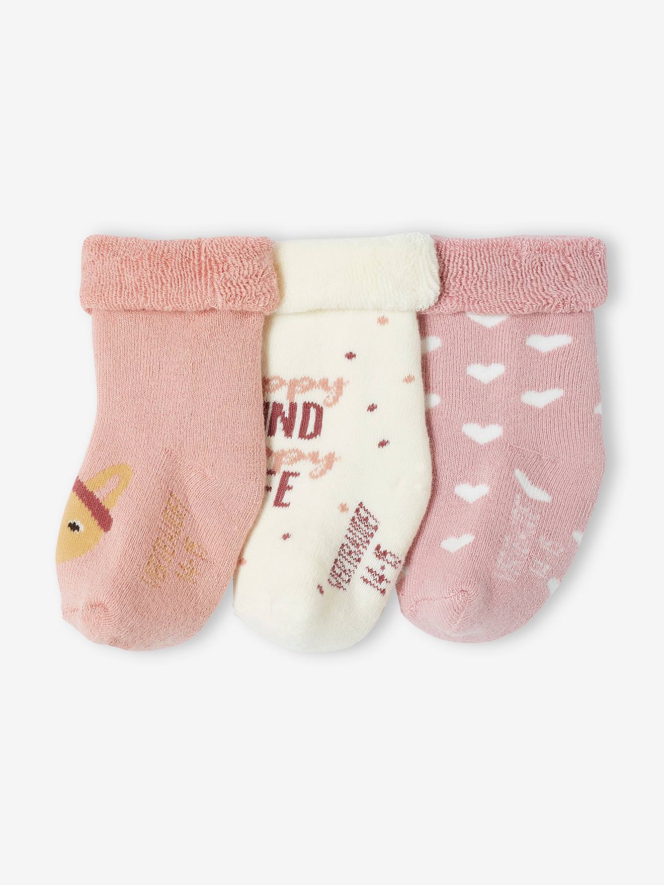 Lot de 3 paires de chaussettes lapins et coeurs bébé fille rose poudré