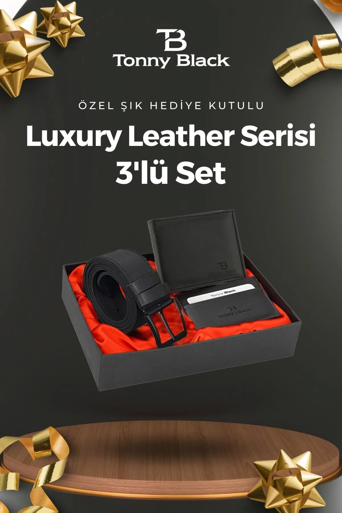 Tonny Black  Originales 3-teiliges Herren-Set in besonderer Geschenkbox, luxuriöses Geschenk für den Bräutigam, stilvoller Ledergürtel, Geldbörse und Kartenhalter