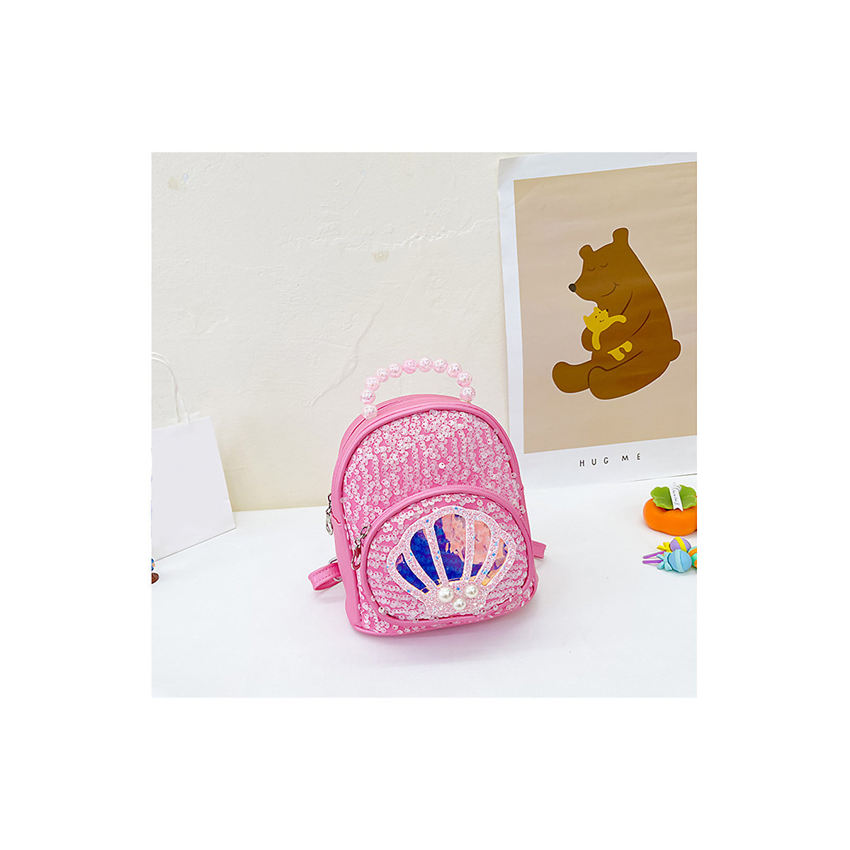 Pailletten-Rucksack mit Muschel für Mädchen Verstellbarer Schultergurt