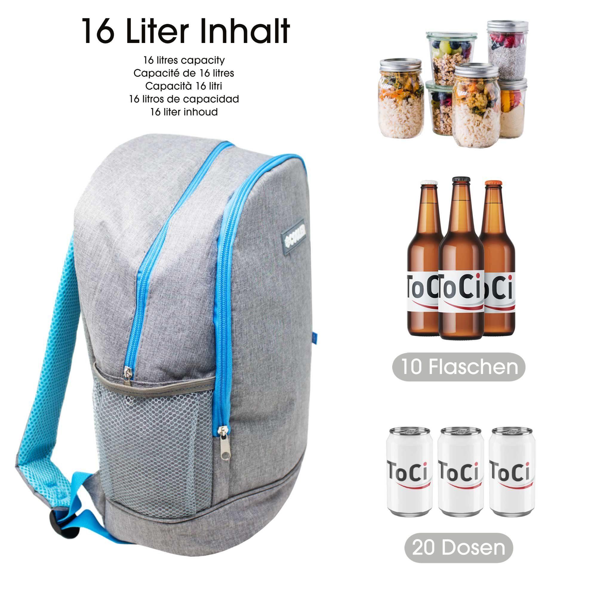 ToCi Kühltasche Kühlrucksack 16 Liter Rucksack Isoliert Kühltasche Thermo Kühlbox Grau