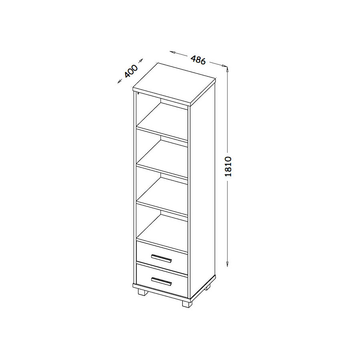 Bücherregal Standregal Alana 48x40x181cm mit 2 Schubladen und 4 offenen Fächern