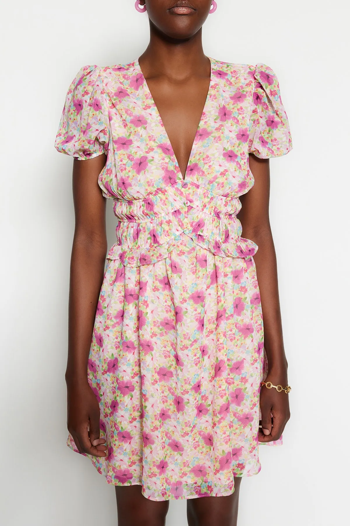 Trendyol Collection  Rosa Taillen-Minikleid aus gewebtem, gefüttertem Gimped-Webstoff TWOSS23EL01374