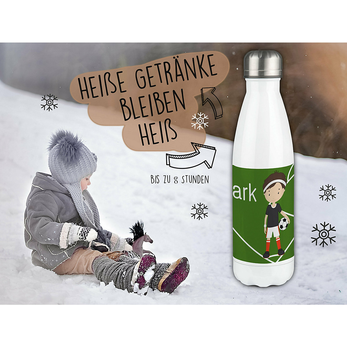 Edelstahl Kinder Thermoflasche / Trinkflasche bunt Fußballspieler Spülmaschinenfest, Auslaufsicher, Bruchfest, Doppelwandig, Für Heißgetränke geeignet, Mit Deckel, Isoliert
