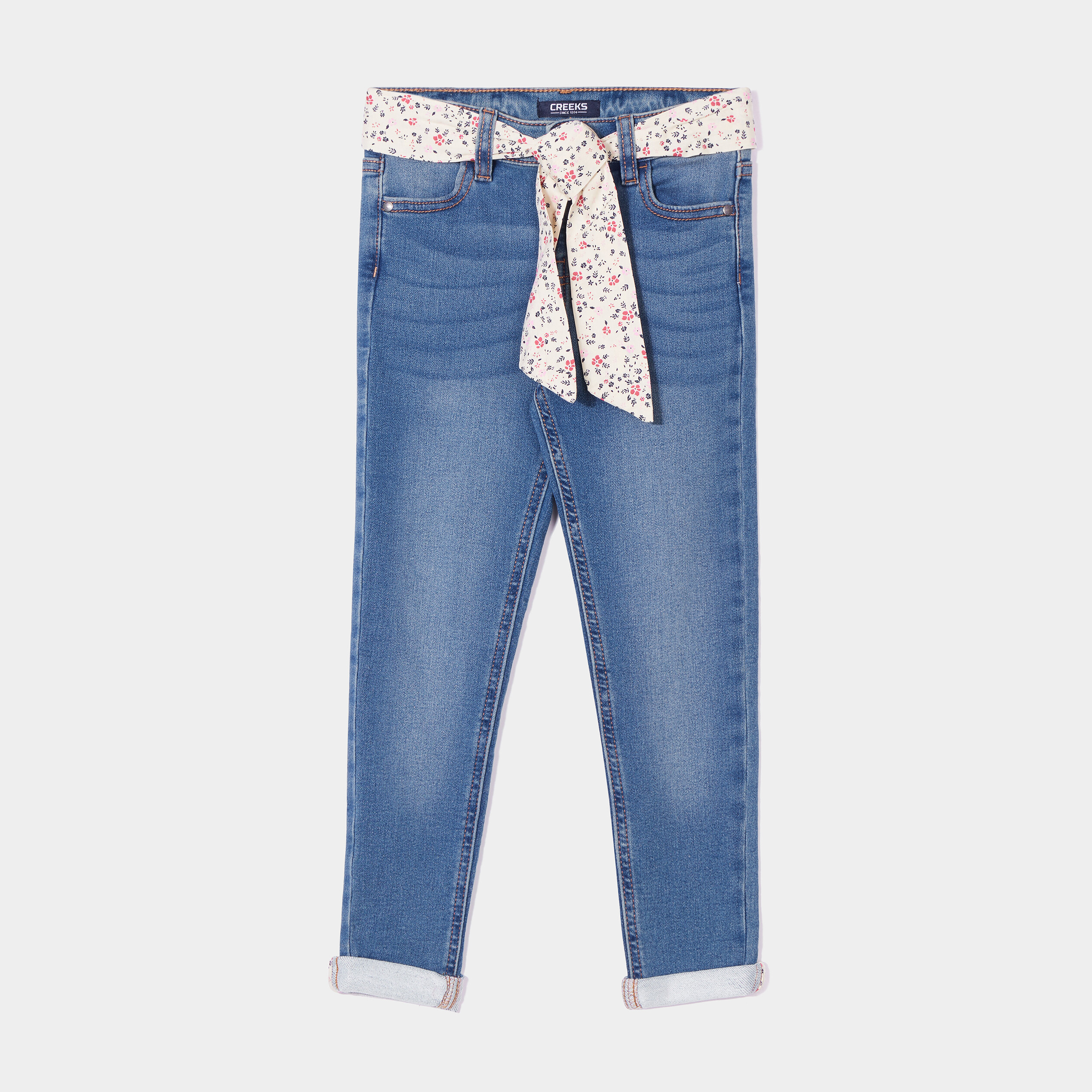 Jeans skinny ceinture foulard Creeks denim stone fille | La Halle